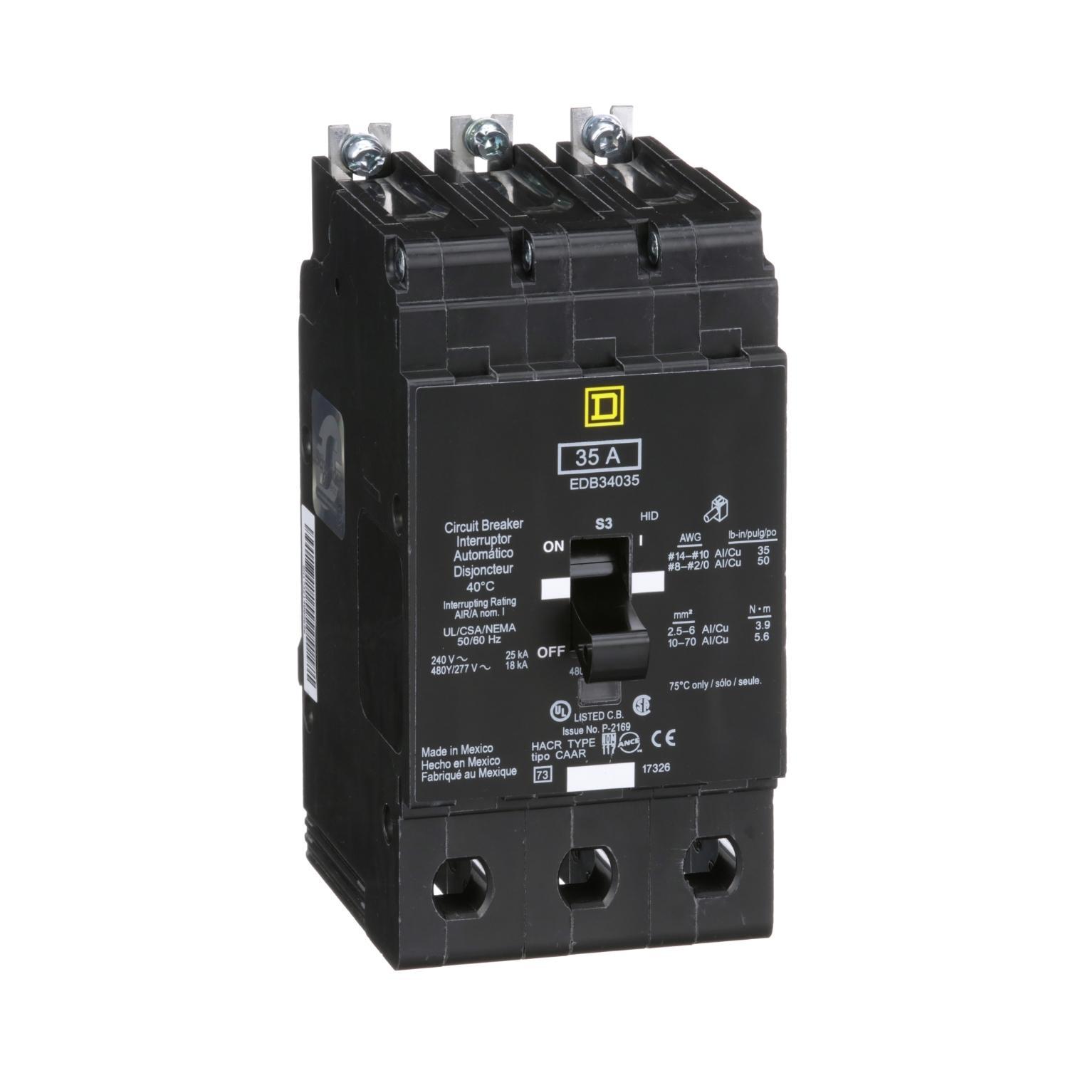 Square D™ E-FRAME EDB34035 Type EDB Molded Case Standard Miniature Circuit Breaker, 277/480Y V AC, 35 A, 18 kA Interrupt, 3 Poles, Thermal Magnetic Trip