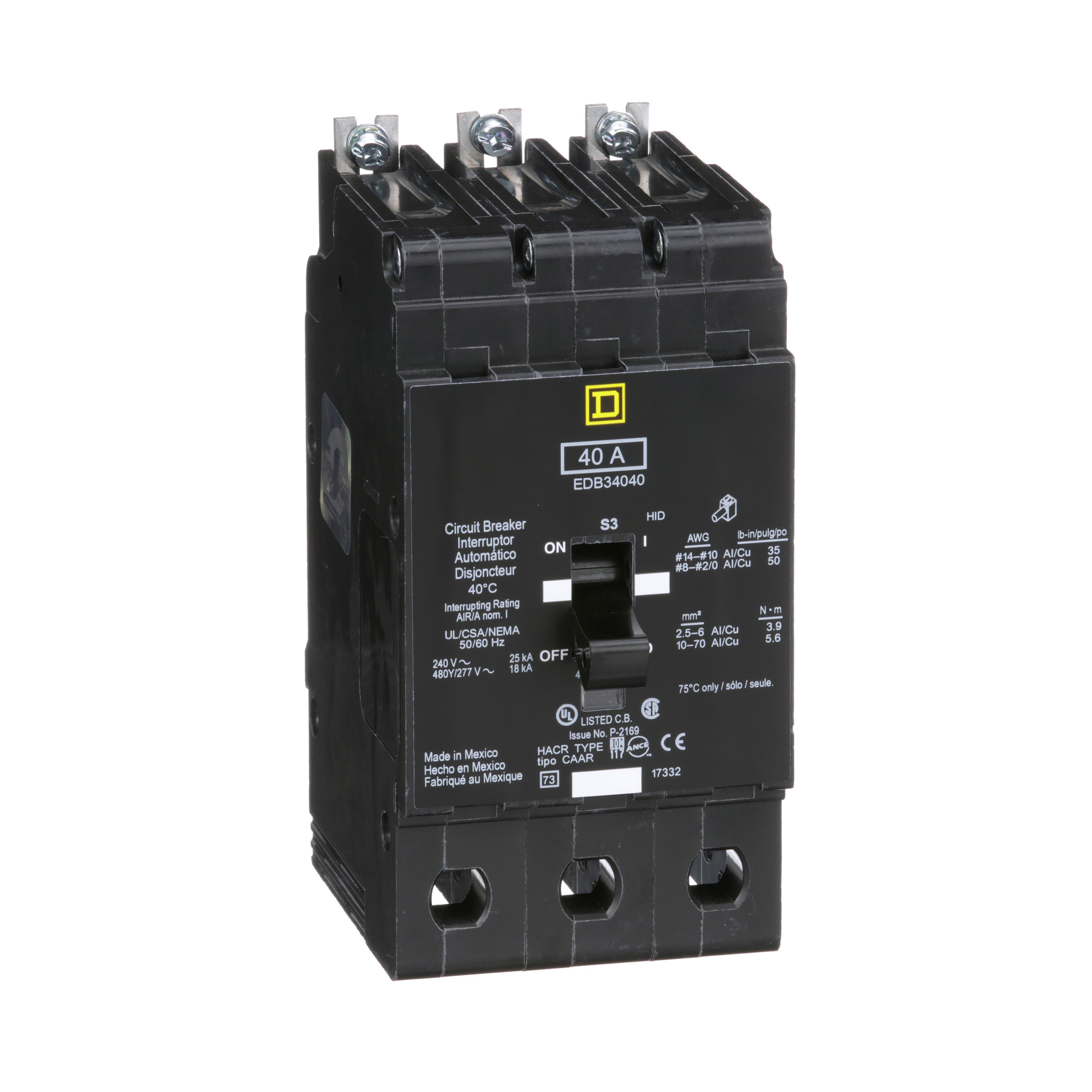 Square D™ EDB34040 Type EDB Molded Case Standard E-FRAME Miniature Circuit Breaker, 277/480Y V AC, 40 A, 18 kA Interrupt, 3 Poles, Thermal Magnetic Trip