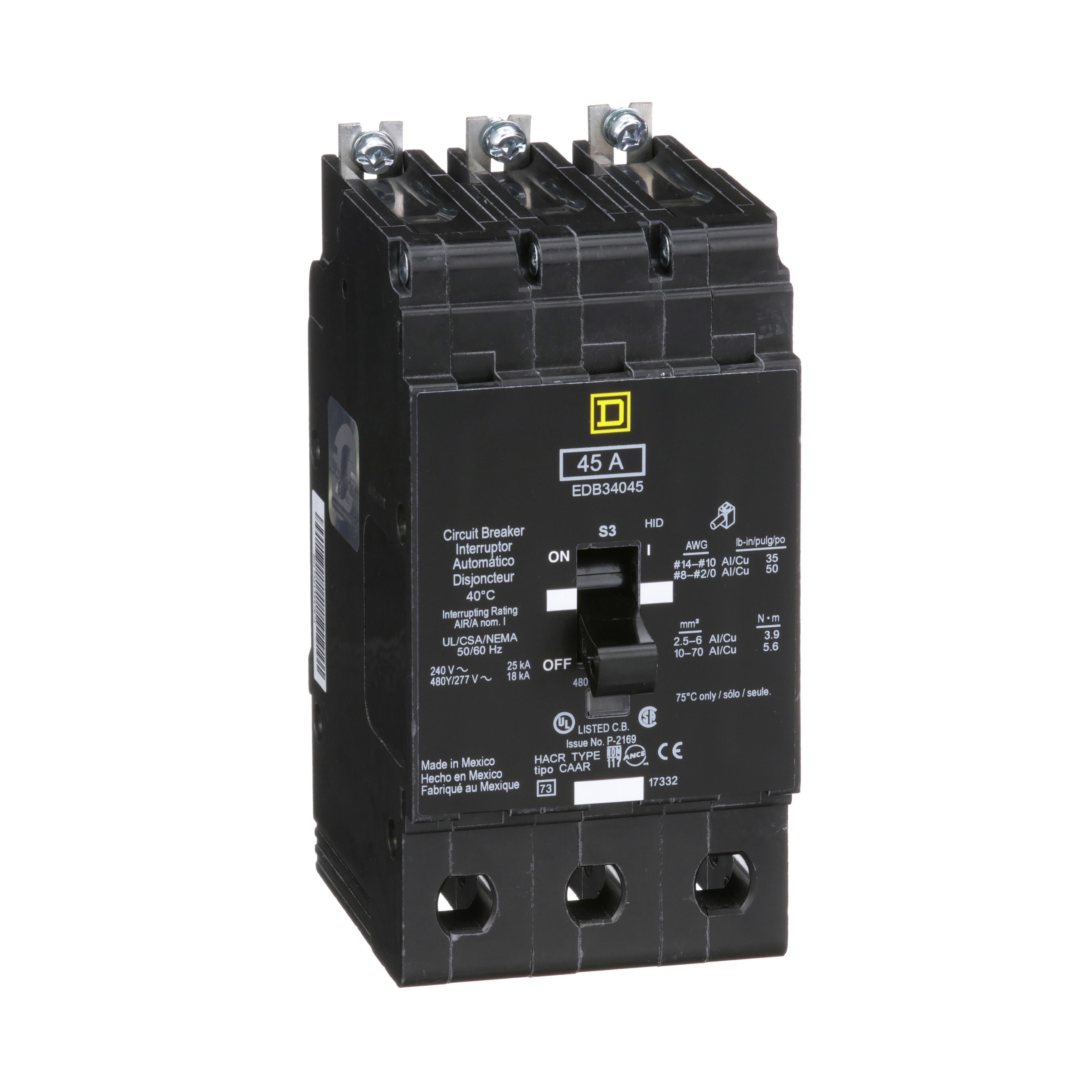 Square D™ EDB34045 Type EDB Molded Case Standard E-FRAME Miniature Circuit Breaker, 277/480Y V AC, 45 A, 18 kA Interrupt, 3 Poles, Thermal Magnetic Trip