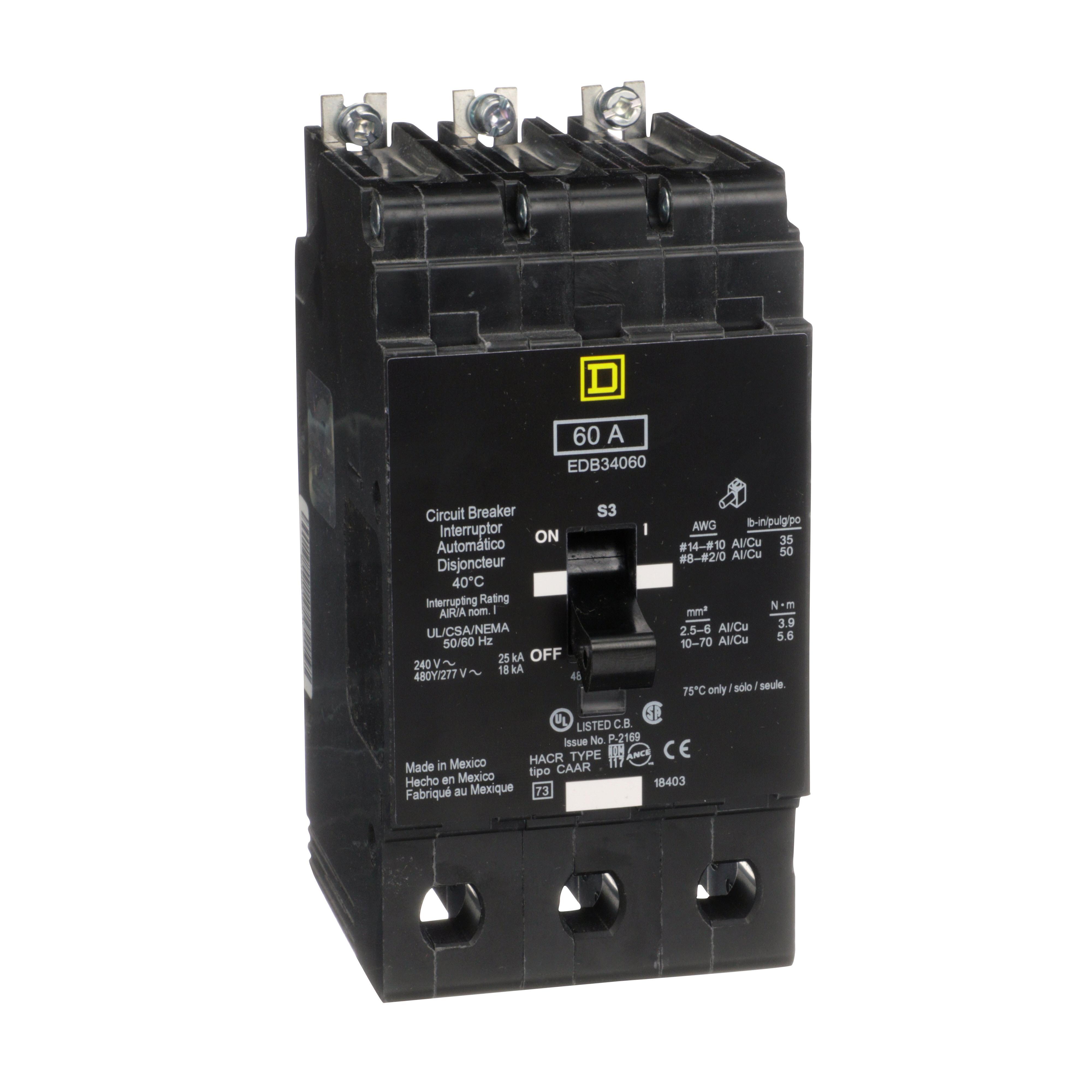 Square D™ EDB34060 Molded Case Standard Miniature Circuit Breaker, 277/480Y V AC, 60 A, 18 kA Interrupt, 3 Poles, Thermal Magnetic Trip