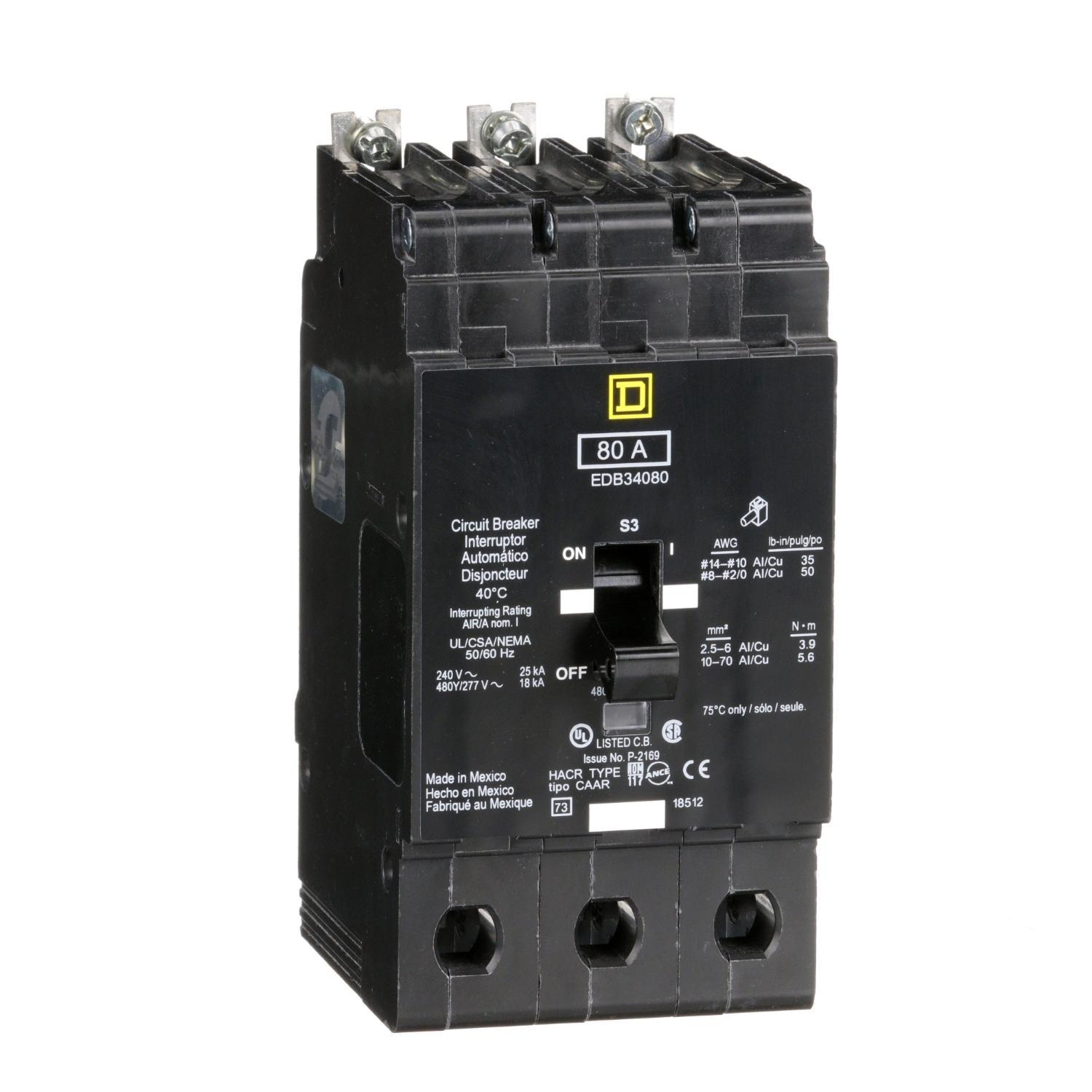 Square D™ EDB34080 Type EDB Molded Case Standard E-FRAME Miniature Circuit Breaker, 277/480Y V AC, 80 A, 18 kA Interrupt, 3 Poles, Thermal Magnetic Trip