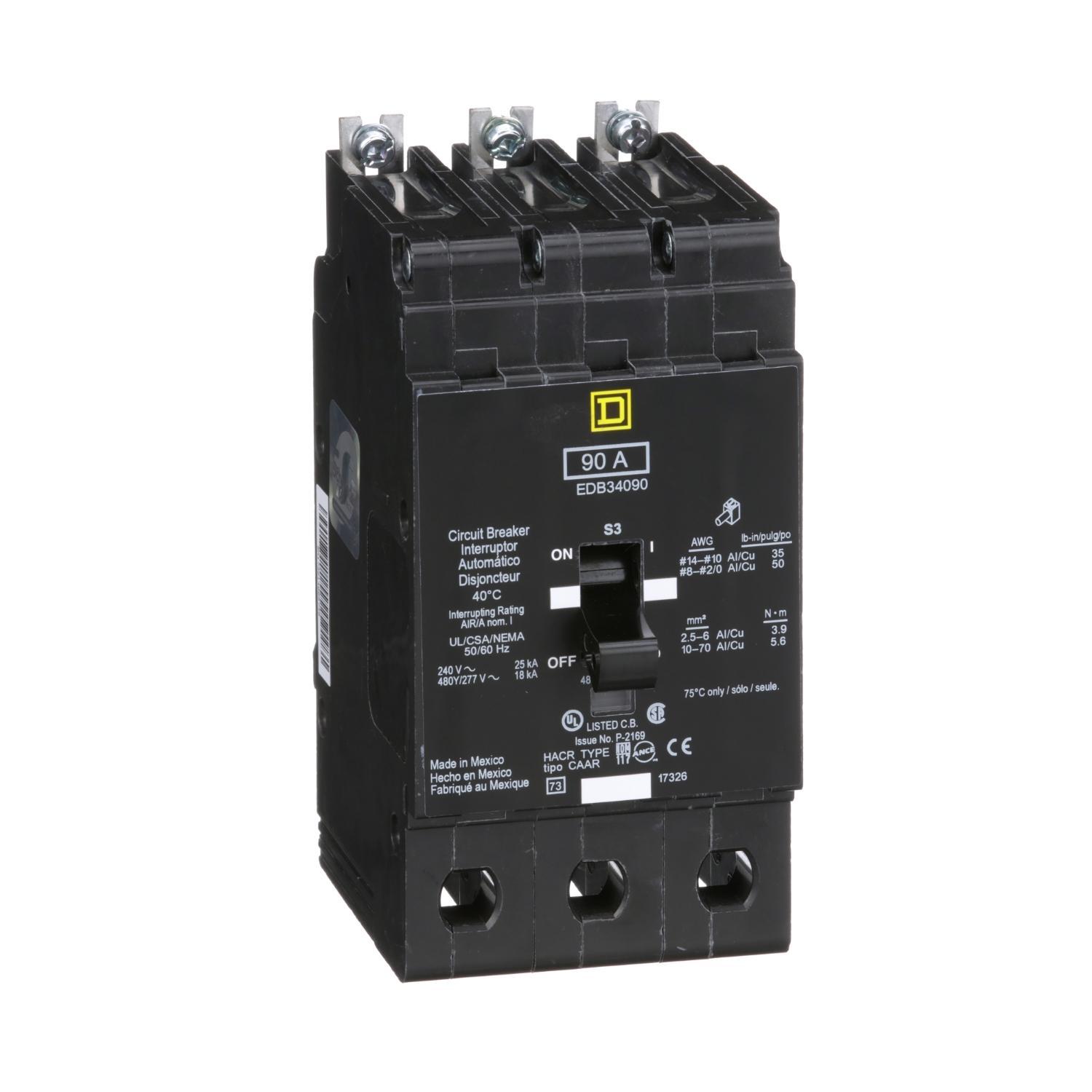 Square D™ E-FRAME EDB34090 Type EDB Molded Case Standard Miniature Circuit Breaker, 277/480Y V AC, 90 A, 18 kA Interrupt, 3 Poles, Thermal Magnetic Trip