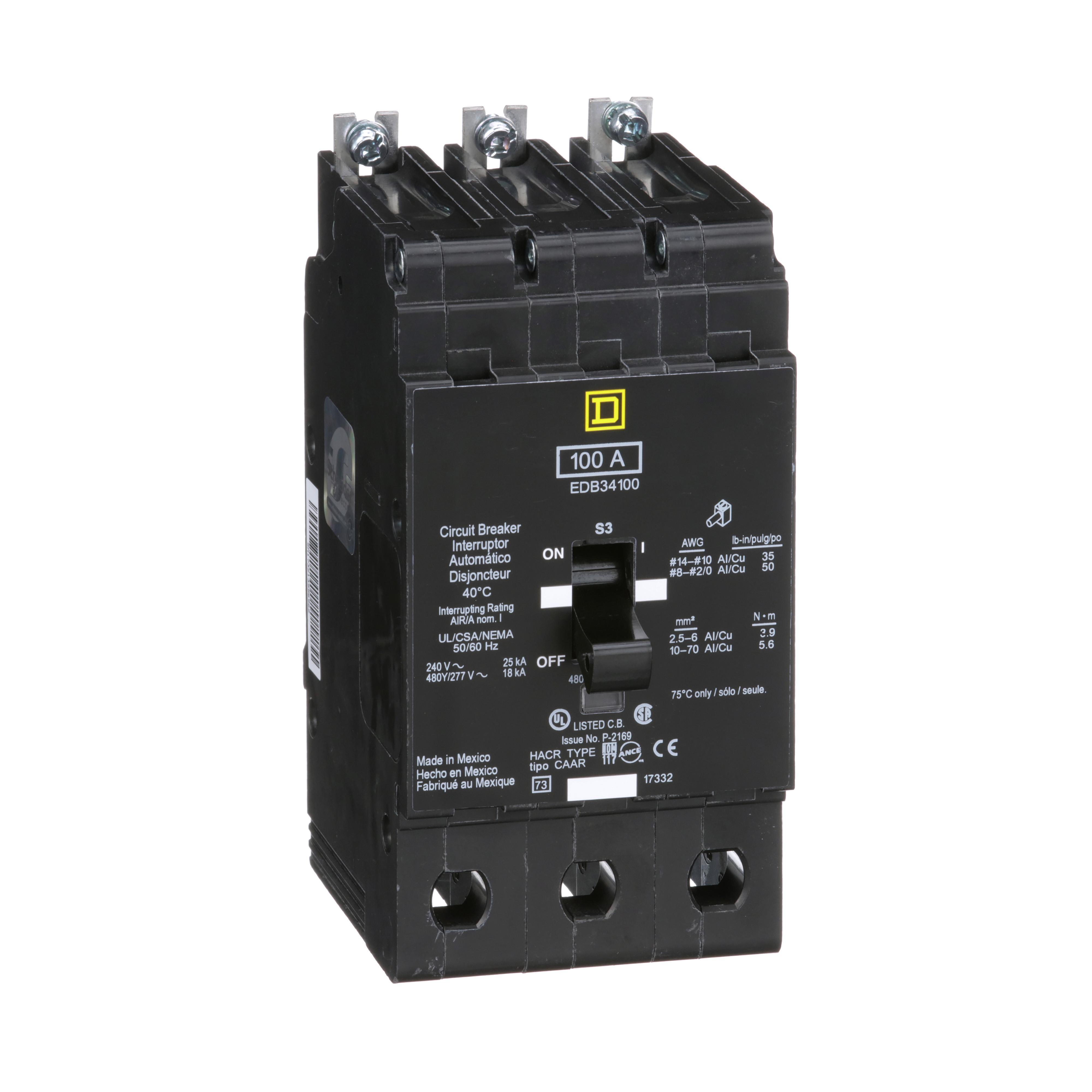 Square D™ EDB34100 Molded Case Standard Miniature Circuit Breaker, 277/480Y V AC, 100 A, 18 kA Interrupt, 3 Poles, Thermal Magnetic Trip