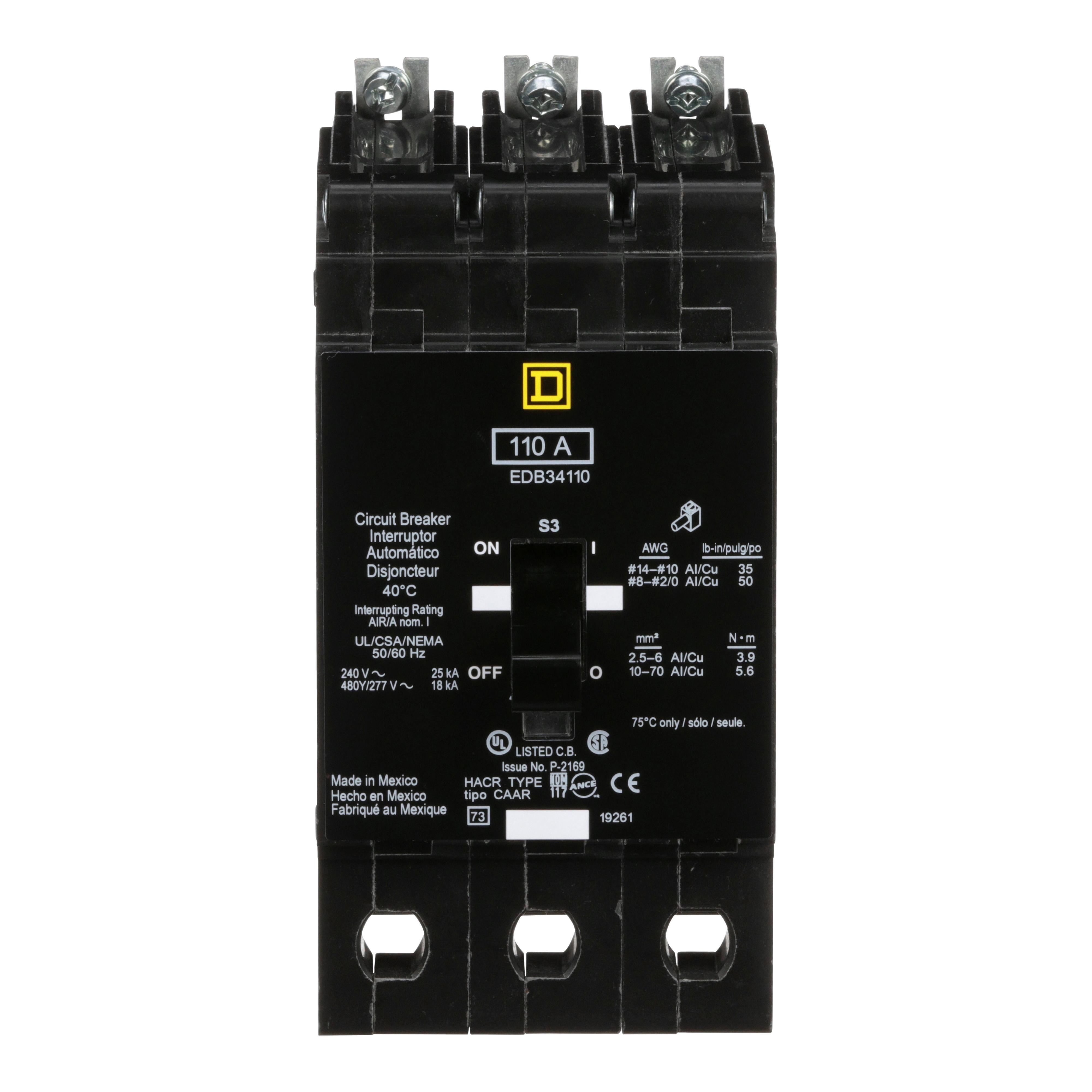 Square D™ E-FRAME EDB34110 Type EDB Molded Case Standard Miniature Circuit Breaker, 277/480Y V AC, 110 A, 18 kA Interrupt, 3 Poles, Thermal Magnetic Trip