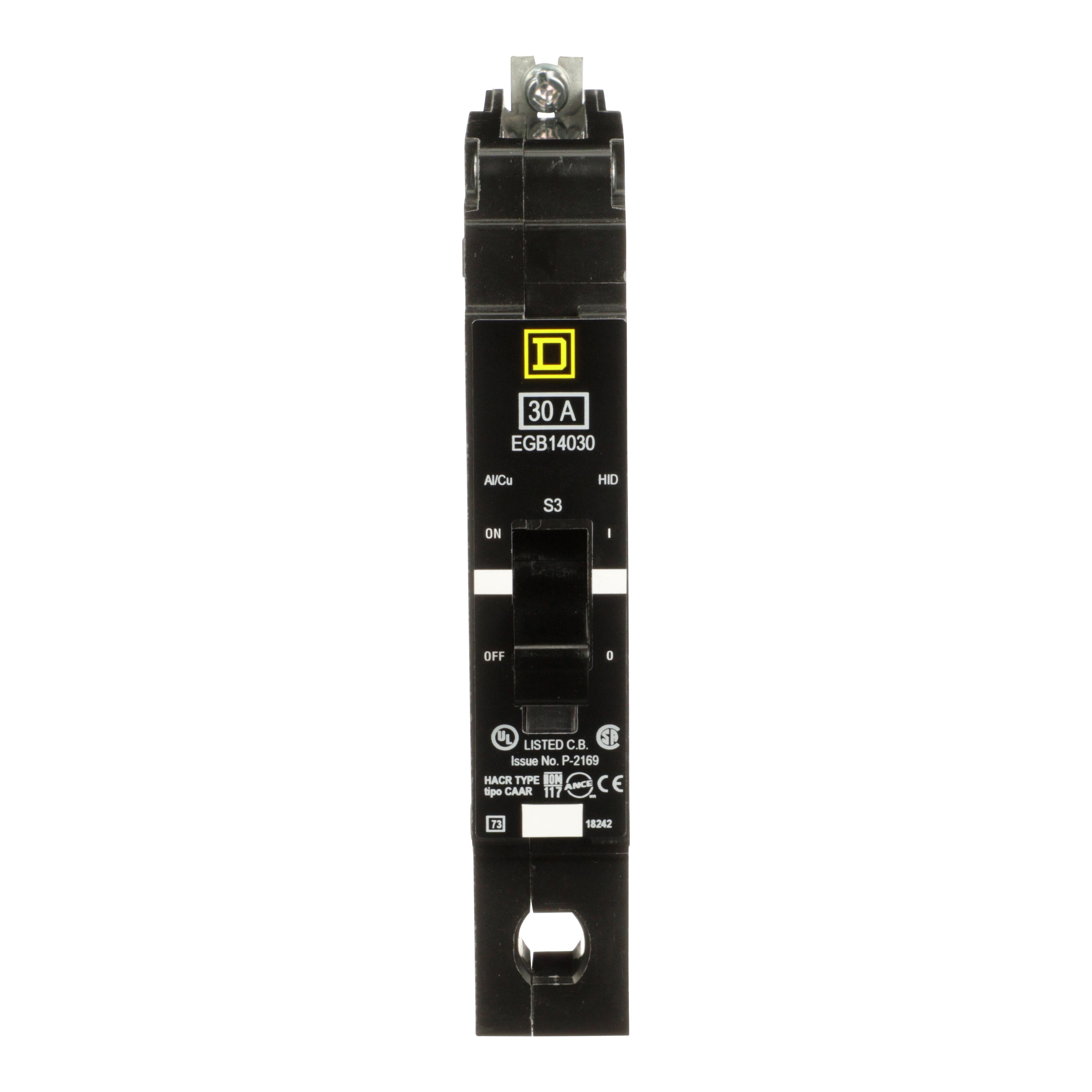 Square D™ EGB14030EPD Type EGB Ground Fault Miniature Circuit Breaker, 277 V AC, 30 A, 35 kA at 120/240/277 V AC, 65 kA at 120 V AC Interrupt, 1 Poles, Thermal Magnetic Trip