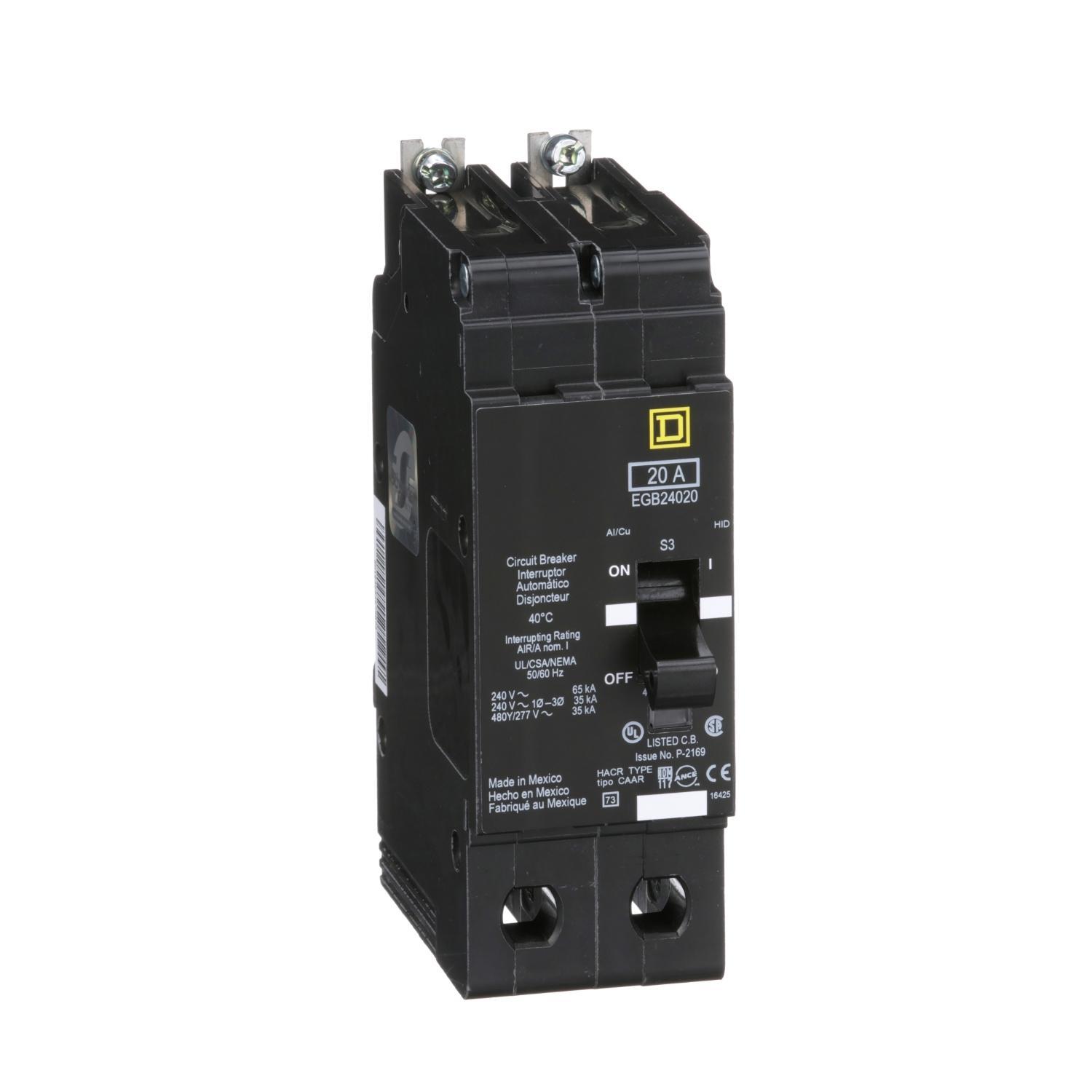 Square D™ E-FRAME EGB24020 Type EGB Molded Case Miniature Circuit Breaker, 277/480Y V AC, 20 A, 35 kA Interrupt, 2 Poles, Thermal Magnetic Trip