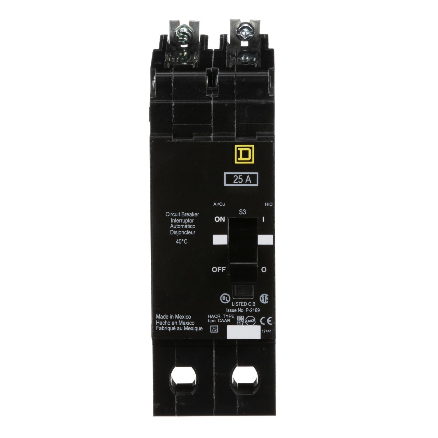Square D™ EGB24025 Type EGB Circuit Breaker, 480Y/277 V AC, 25 A, 65 kA at 240 VAC/35 kA at 480Y/277 VAC Interrupt, 2 Poles, Thermal Magnetic Trip