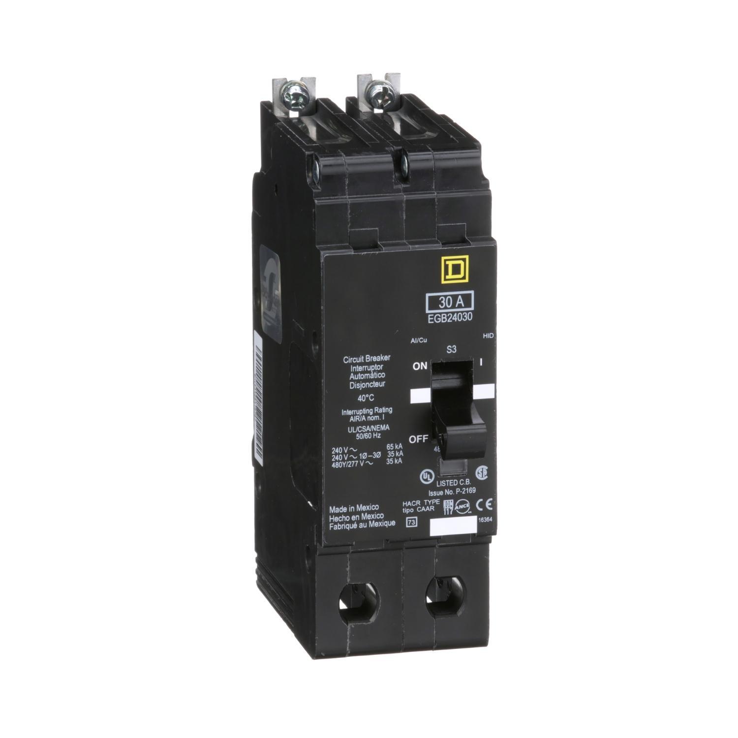 Square D™ E-FRAME EGB24030 Type EGB Molded Case Standard Miniature Circuit Breaker, 277/480Y V AC, 30 A, 35 kA Interrupt, 2 Poles, Thermal Magnetic Trip