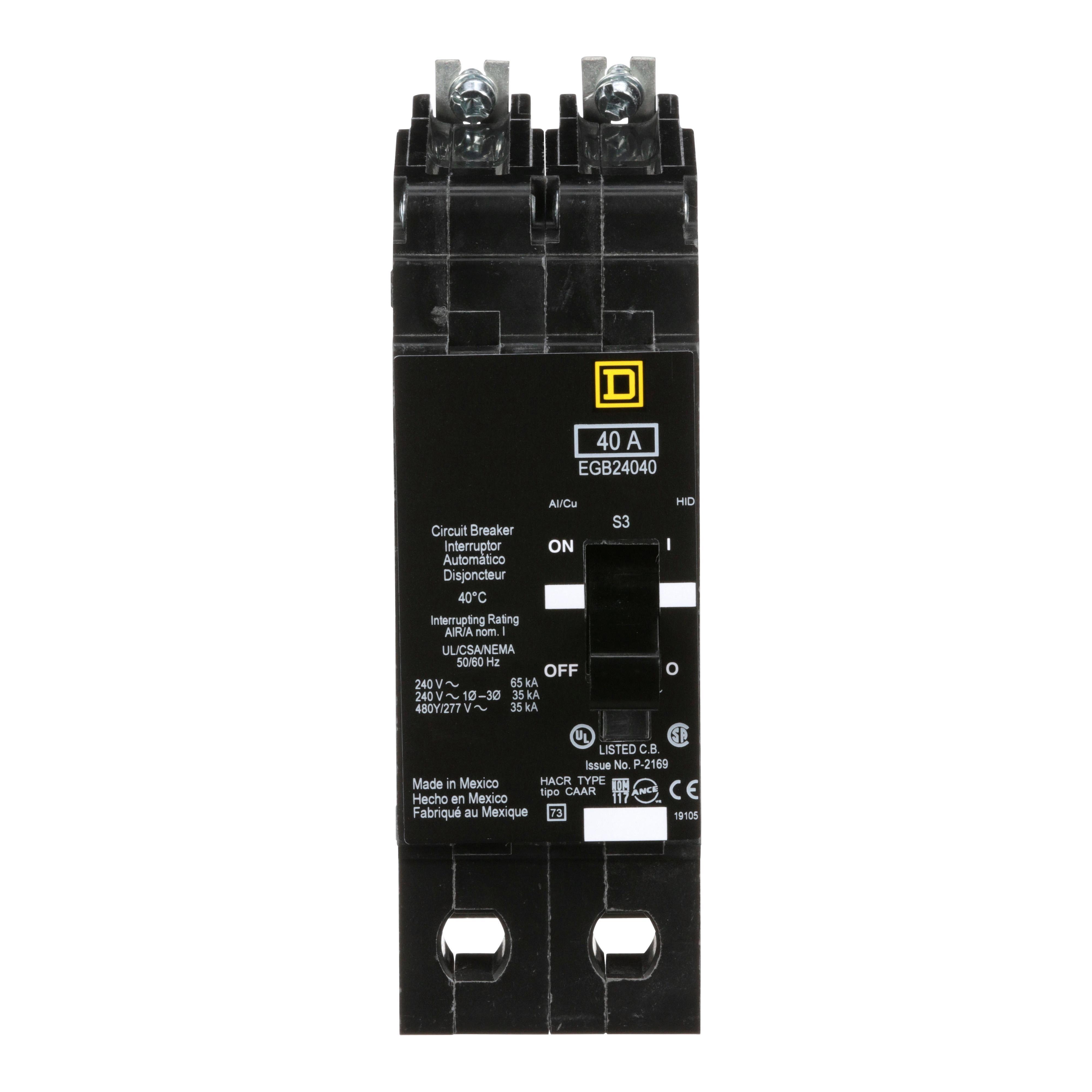 Square D™ E-FRAME EGB24040 Type EGB Molded Case Miniature Circuit Breaker, 277/480Y V AC, 40 A, 35 kA Interrupt, 2 Poles, Thermal Magnetic Trip