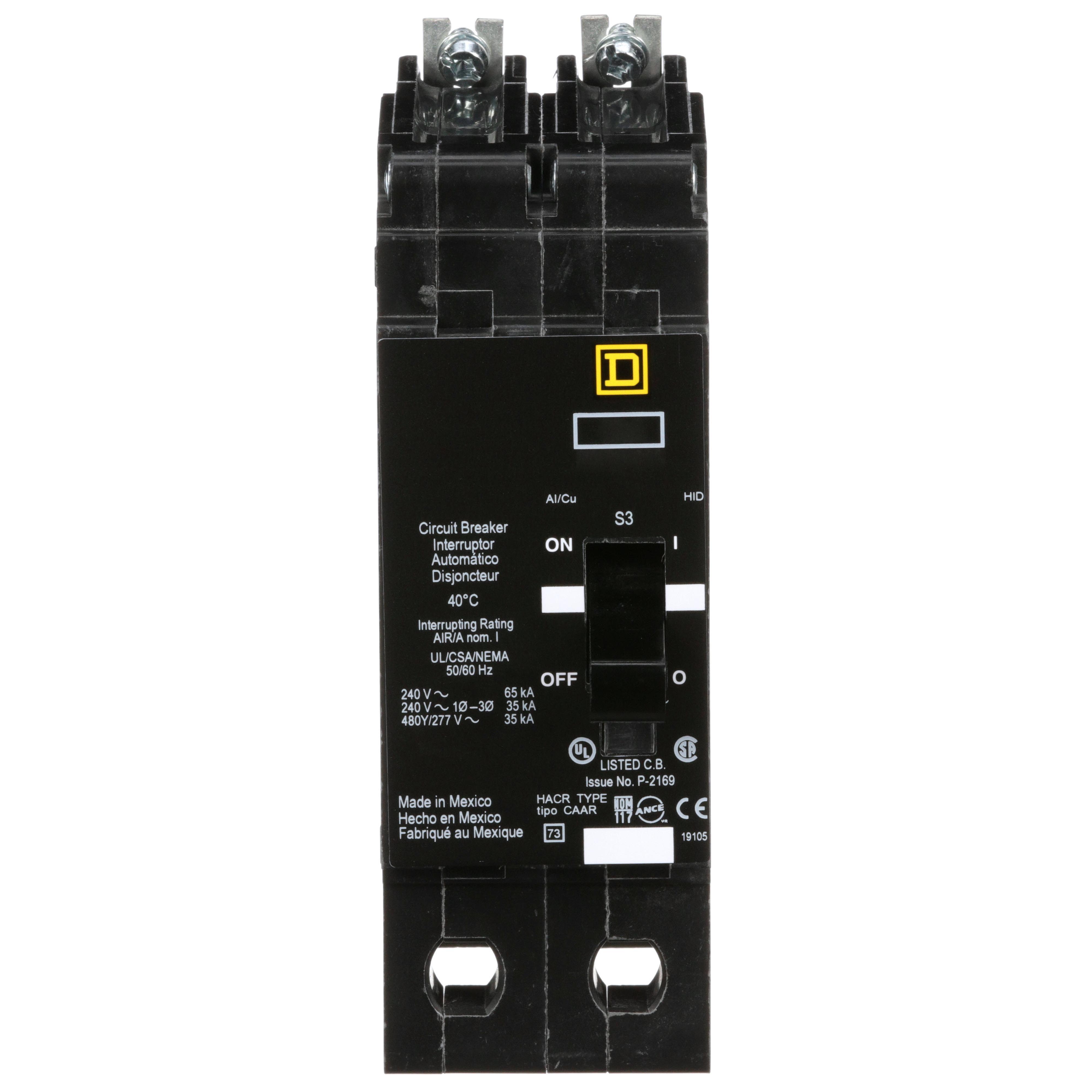 Square D™ E-FRAME EGB24100 Type EDB Molded Case Standard Miniature Circuit Breaker, 277/480Y V AC, 100 A, 35/65 kA Interrupt, 2 Poles, Thermal Magnetic Trip
