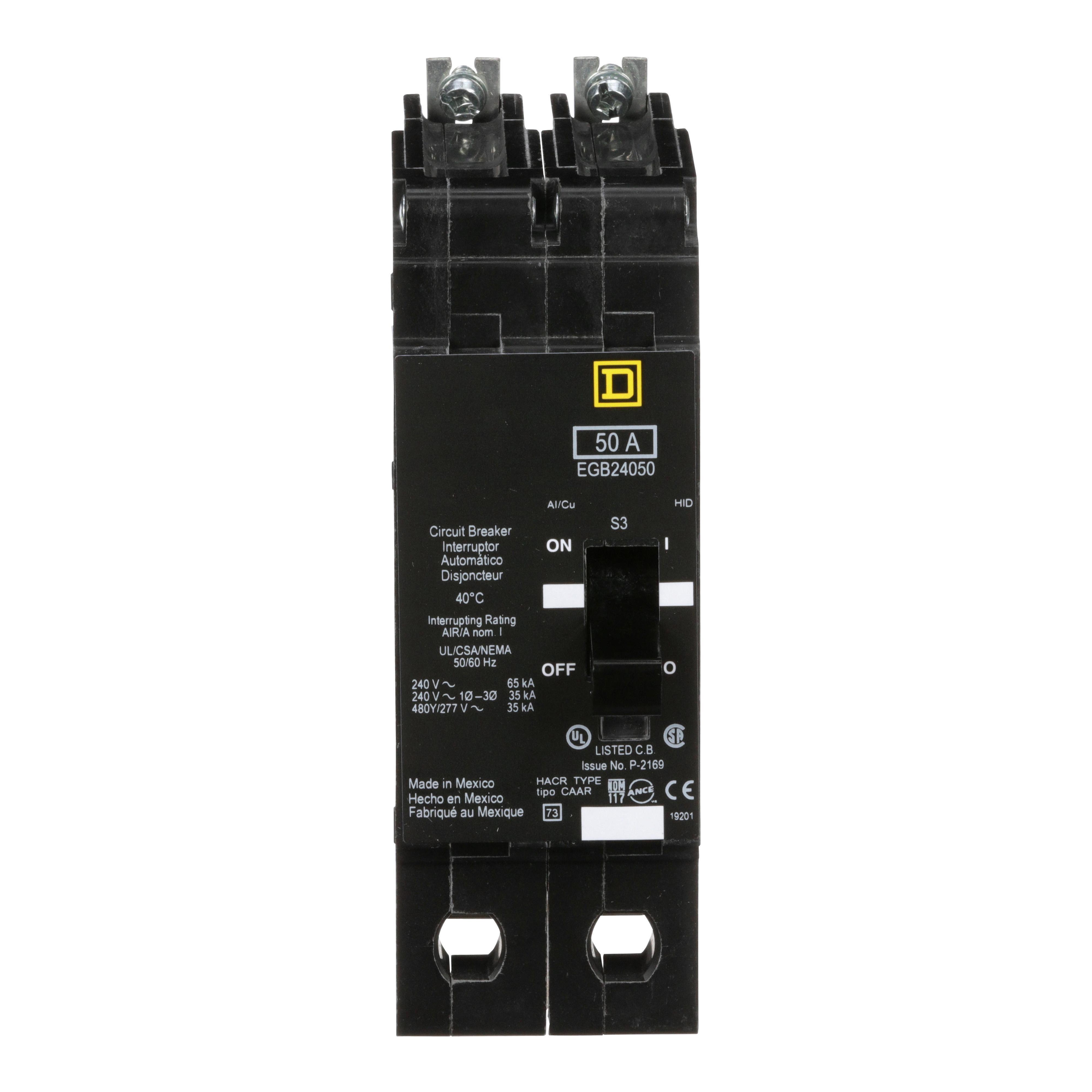 Square D™ EGB24050 Standard Miniature Circuit Breaker, 277/480Y V AC, 50 A, 35 kA Interrupt, 2 Poles, Thermal Magnetic Trip