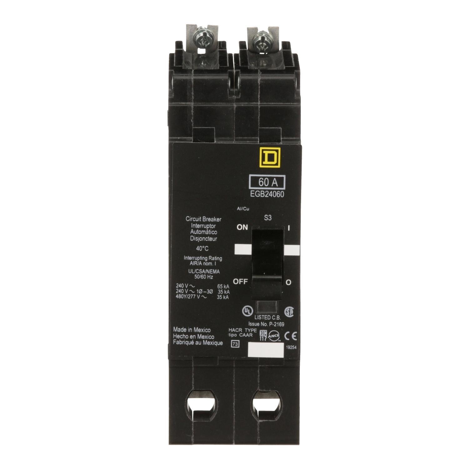Square D™ EGB24060 Type EGB Miniature Circuit Breaker, 277/480Y V AC, 60 A, 65 kA at 240 VAC, 35 kA at 480Y/277 VAC Interrupt, 2 Poles, Thermal Magnetic Trip