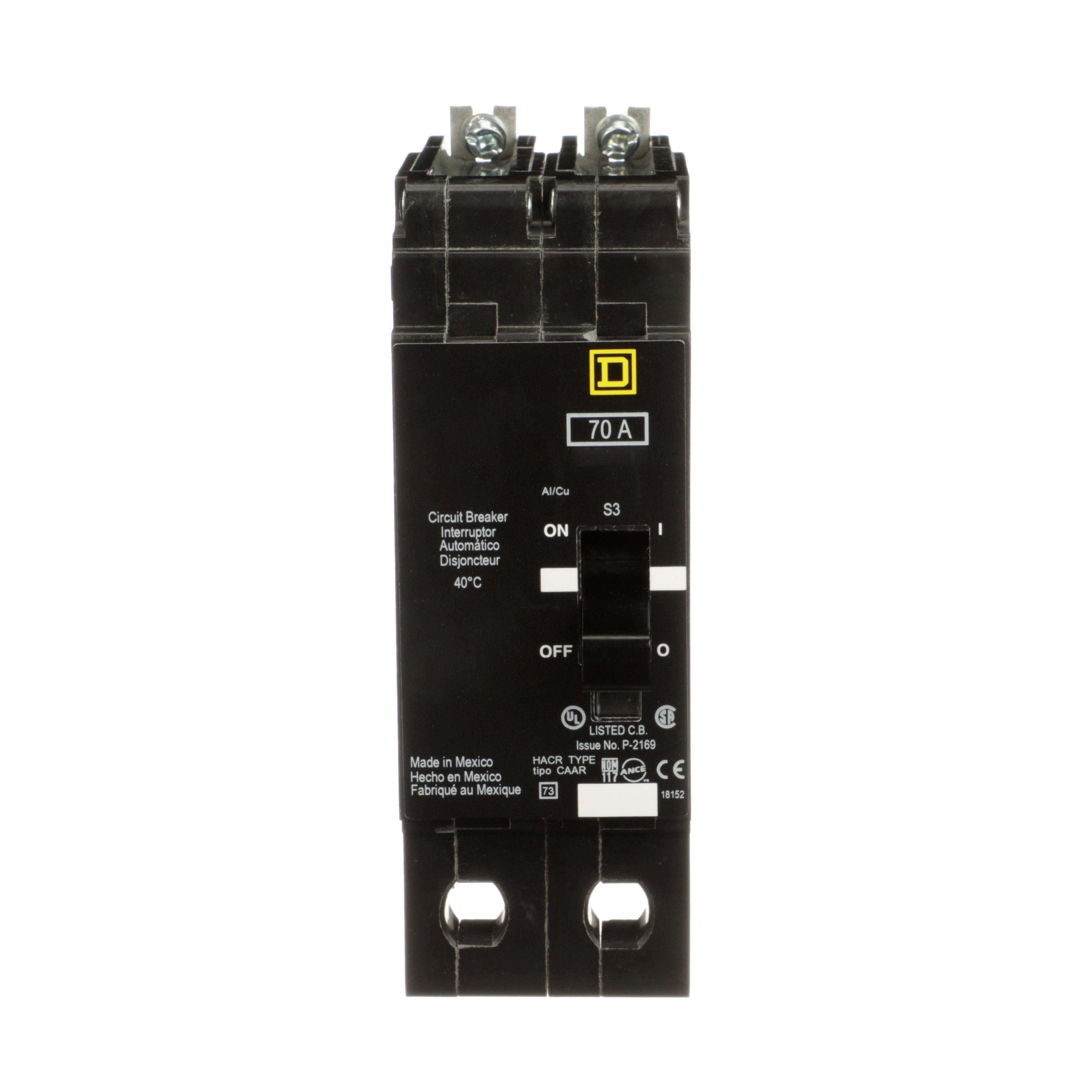 Square D™ EGB24070 Type EGB Circuit Breaker, 480Y/277 V AC, 70 A, 65 kA at 240 VAC/35 kA at 480Y/277 VAC Interrupt, 2 Poles, Thermal Magnetic Trip