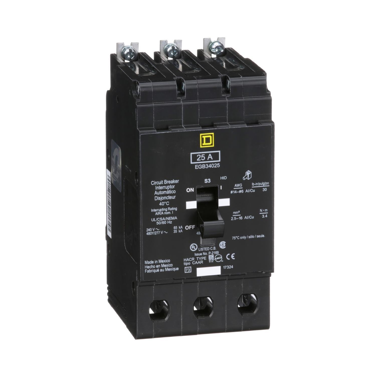Square D™ E-FRAME EGB34025 Type EGB Molded Case Miniature Circuit Breaker, 277/480Y V AC, 25 A, 35 kA Interrupt, 3 Poles, Thermal Magnetic Trip