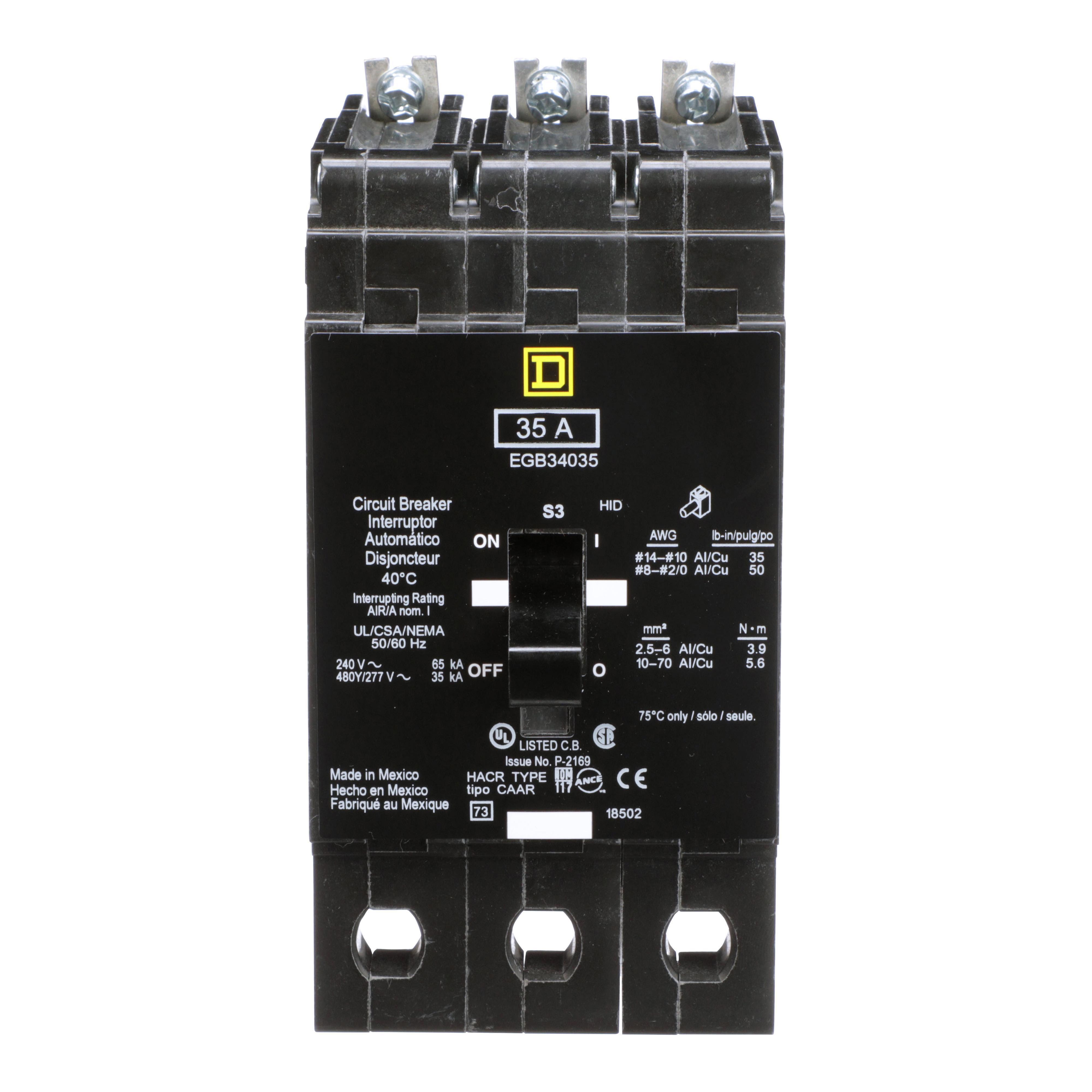 Square D™ E-FRAME EGB34035 Type EGB Molded Case Miniature Circuit Breaker, 277/480Y V AC, 35 A, 35 kA Interrupt, 3 Poles, Thermal Magnetic Trip