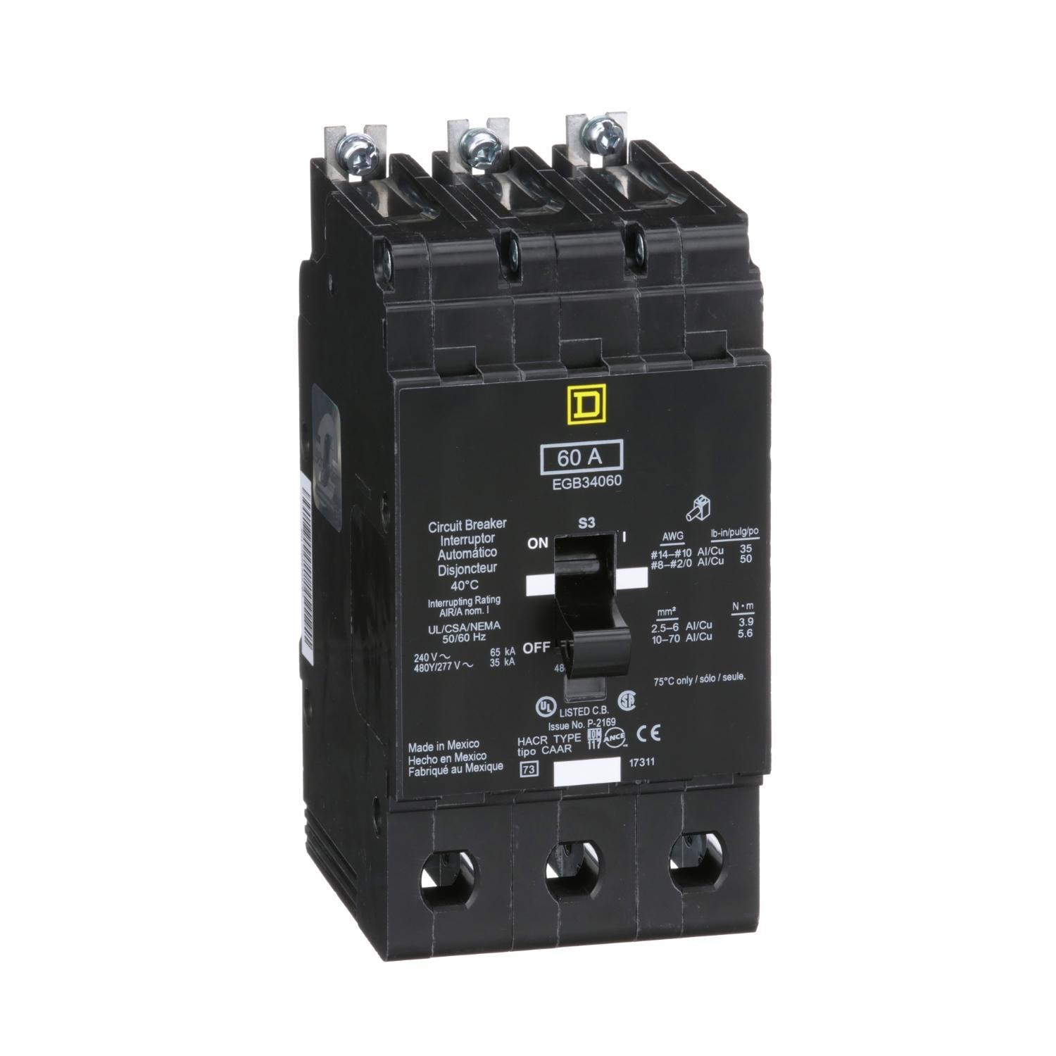Square D™ EGB34060 Type EGB Molded Case Standard E-FRAME Miniature Circuit Breaker, 277/480Y V AC, 60 A, 35 kA Interrupt, 3 Poles, Thermal Magnetic Trip