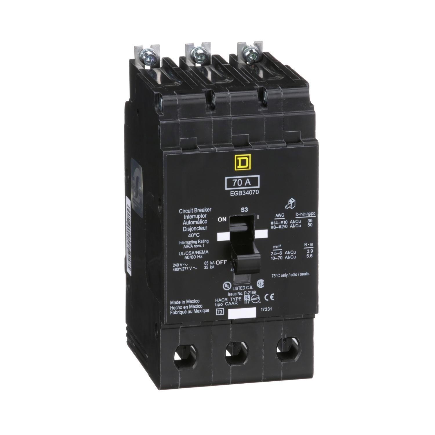 Square D™ E-FRAME EGB34070 Type EGB Molded Case Standard Miniature Circuit Breaker, 277/480Y V AC, 70 A, 35 kA Interrupt, 3 Poles, Thermal Magnetic Trip