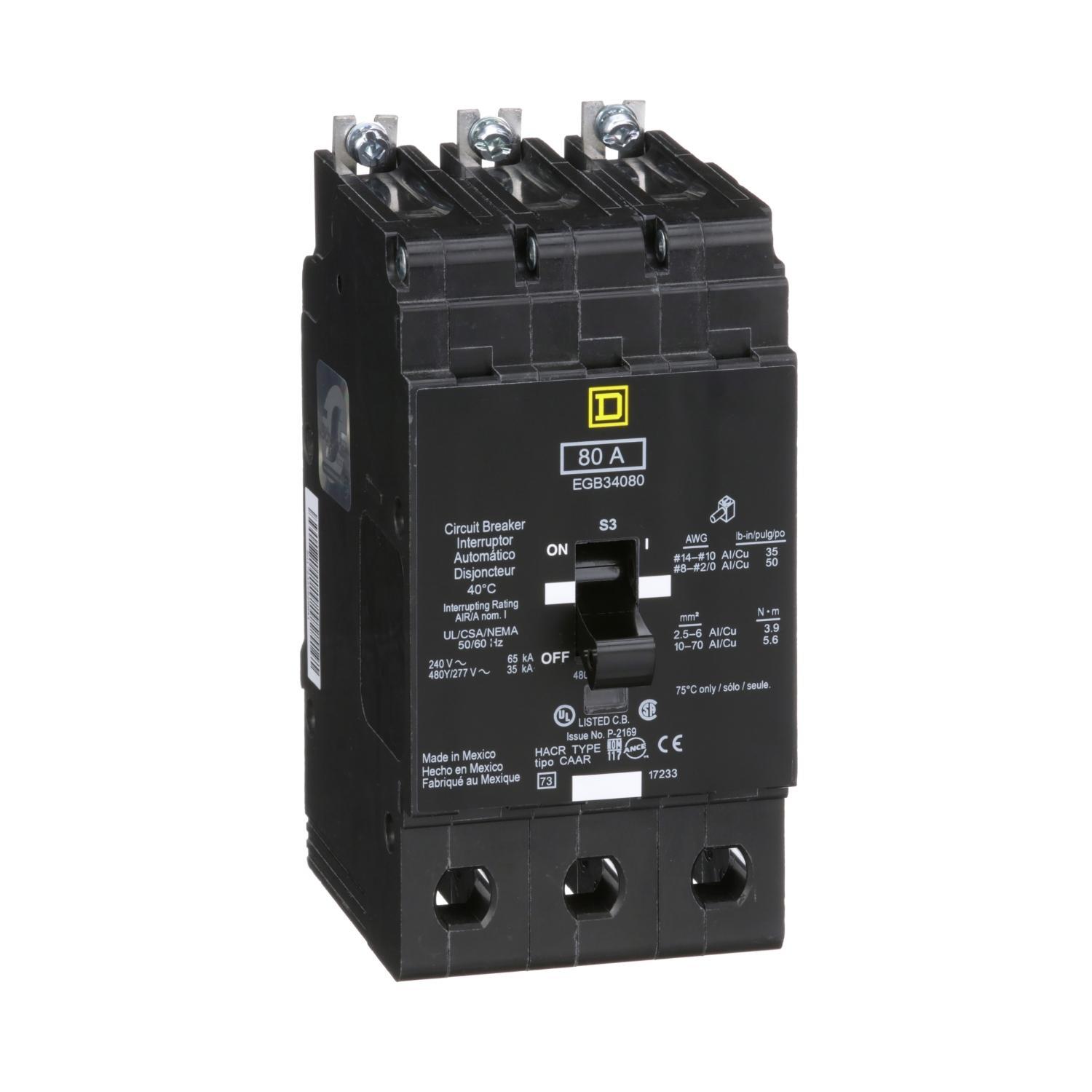 Square D™ E-FRAME EGB34080 Type EGB Molded Case Standard Miniature Circuit Breaker, 277/480Y V AC, 80 A, 35 kA Interrupt, 3 Poles, Thermal Magnetic Trip