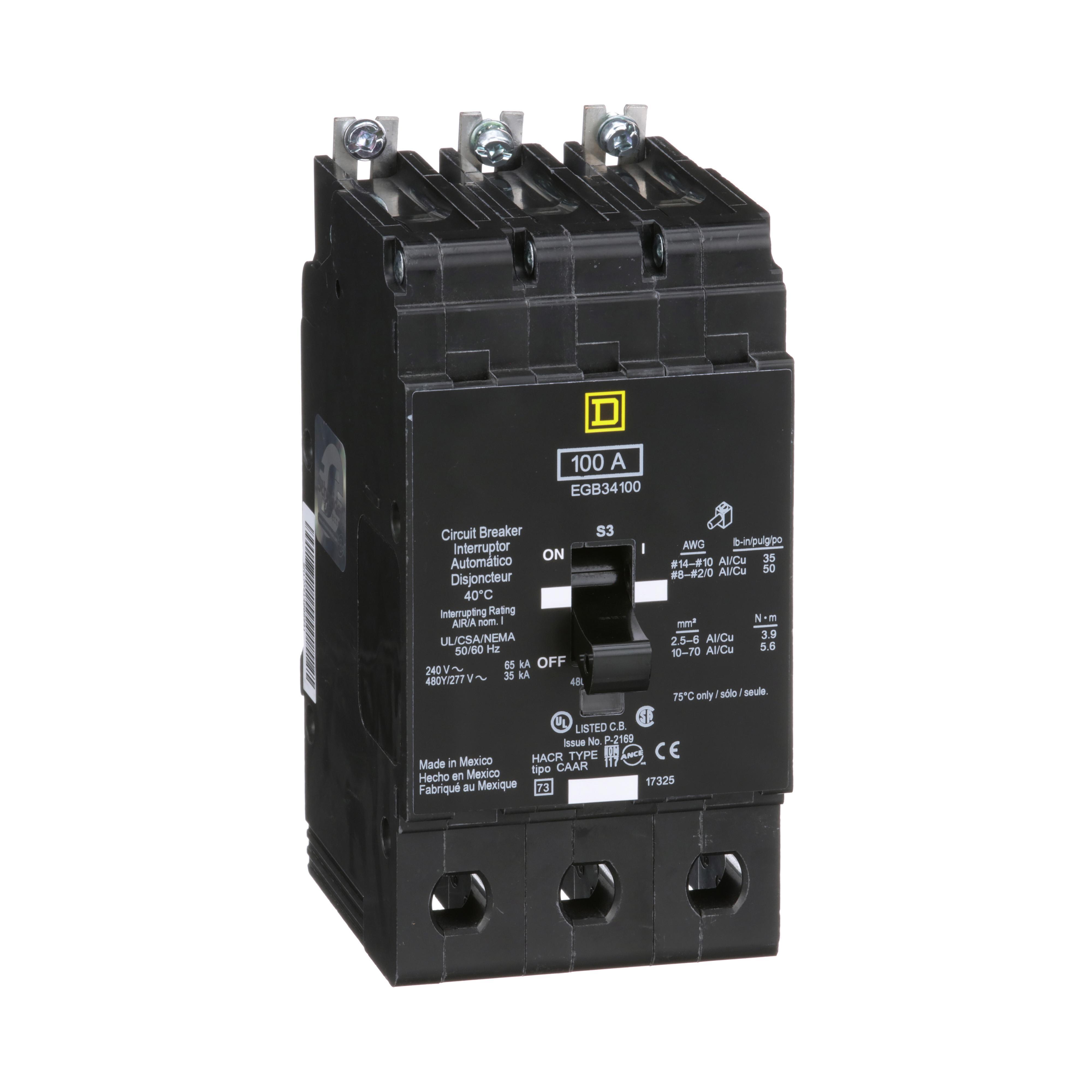 Square D™ E-FRAME EGB34100 Type EGB Molded Case Standard Miniature Circuit Breaker, 277/480Y V AC, 100 A, 35 kA Interrupt, 3 Poles, Thermal Magnetic Trip