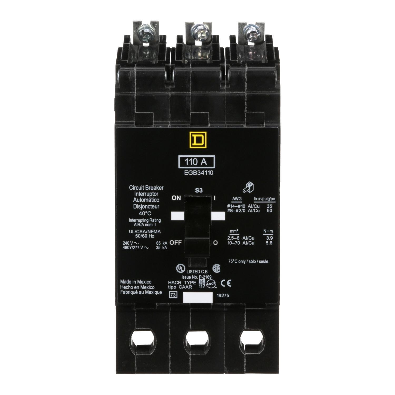 Square D™ EGB34110 Type EGB Circuit Breaker, 480Y/277 V AC, 110 A, 65 kA at 240 VAC/35 kA at 480Y/277 VAC Interrupt, 3 Poles, Thermal Magnetic Trip