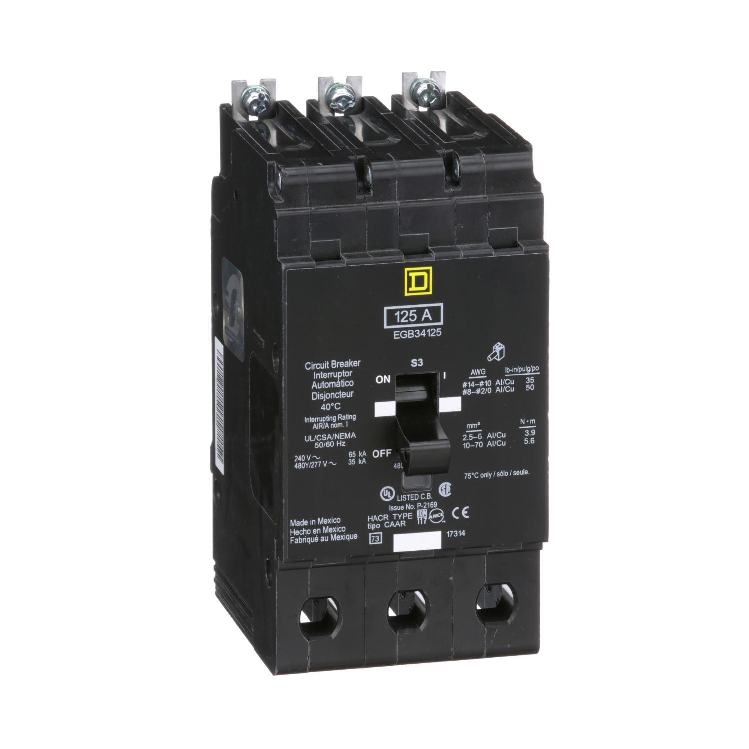 Square D™ E-FRAME EGB34125 Type EGB Molded Case Standard Miniature Circuit Breaker, 277/480Y V AC, 125 A, 35 kA Interrupt, 3 Poles, Thermal Magnetic Trip