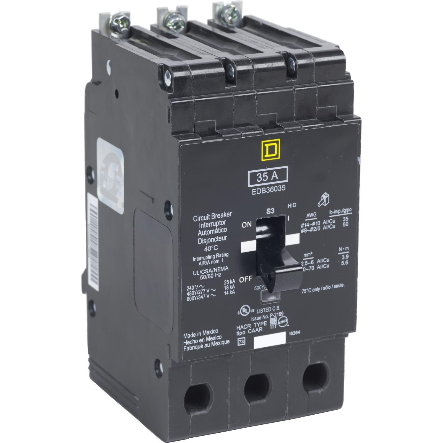Square D™ EGB36060 Type EGB Molded Case Circuit Breaker, 600Y/347 V AC, 60 A, 65 kA at 240 VAC, 35 kA at 480 VAC Interrupt, 3 Poles, Thermal Magnetic Trip