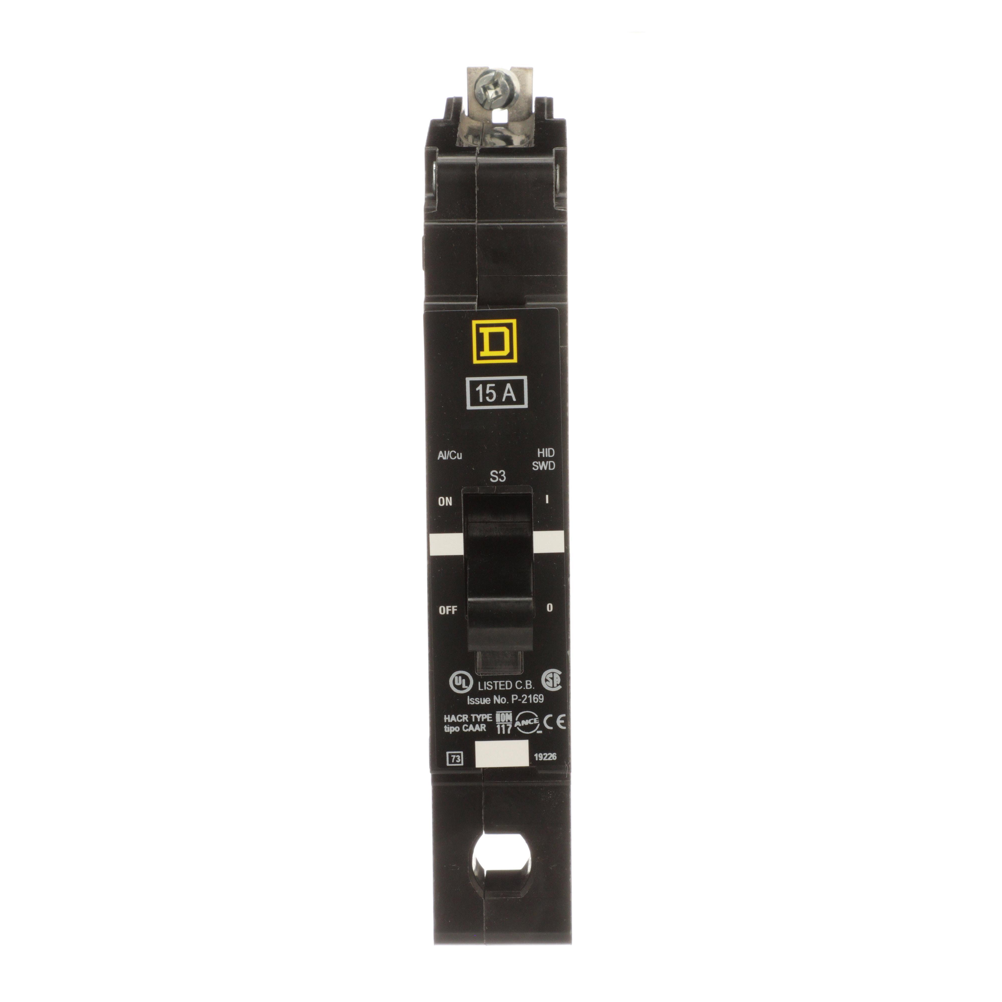 Square D™ EJB14015 Type EJB Miniature Circuit Breaker, 277 V AC, 15 A, 100 kA at 240 V AC, 65 kA at 480Y/277 V AC Interrupt, 1 Poles, Thermal Magnetic Trip