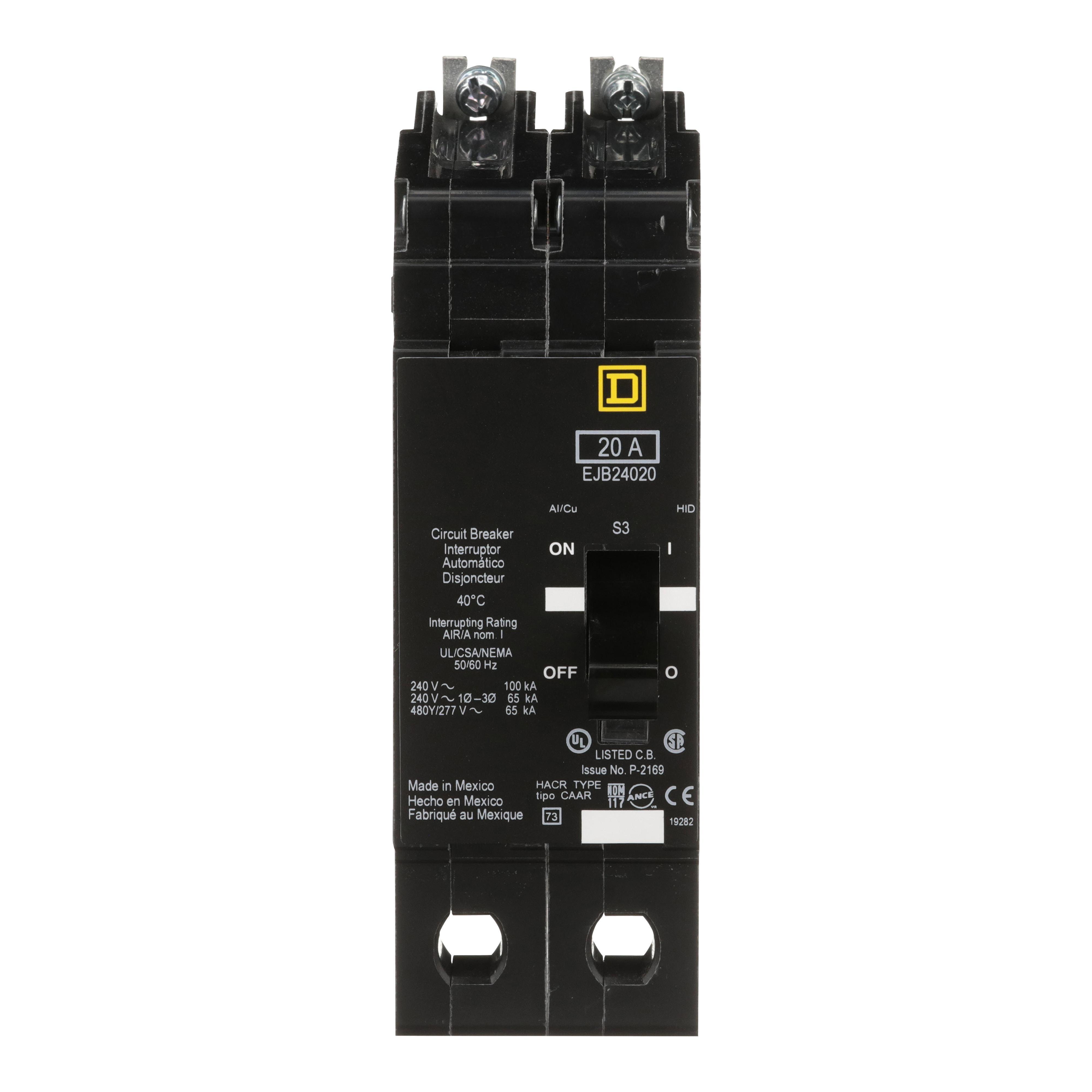 Square D™ E-FRAME EJB24020 Type EJB Molded Case Miniature Circuit Breaker, 277/480Y V AC, 20 A, 65/100 kA Interrupt, 2 Poles, Thermal Magnetic Trip