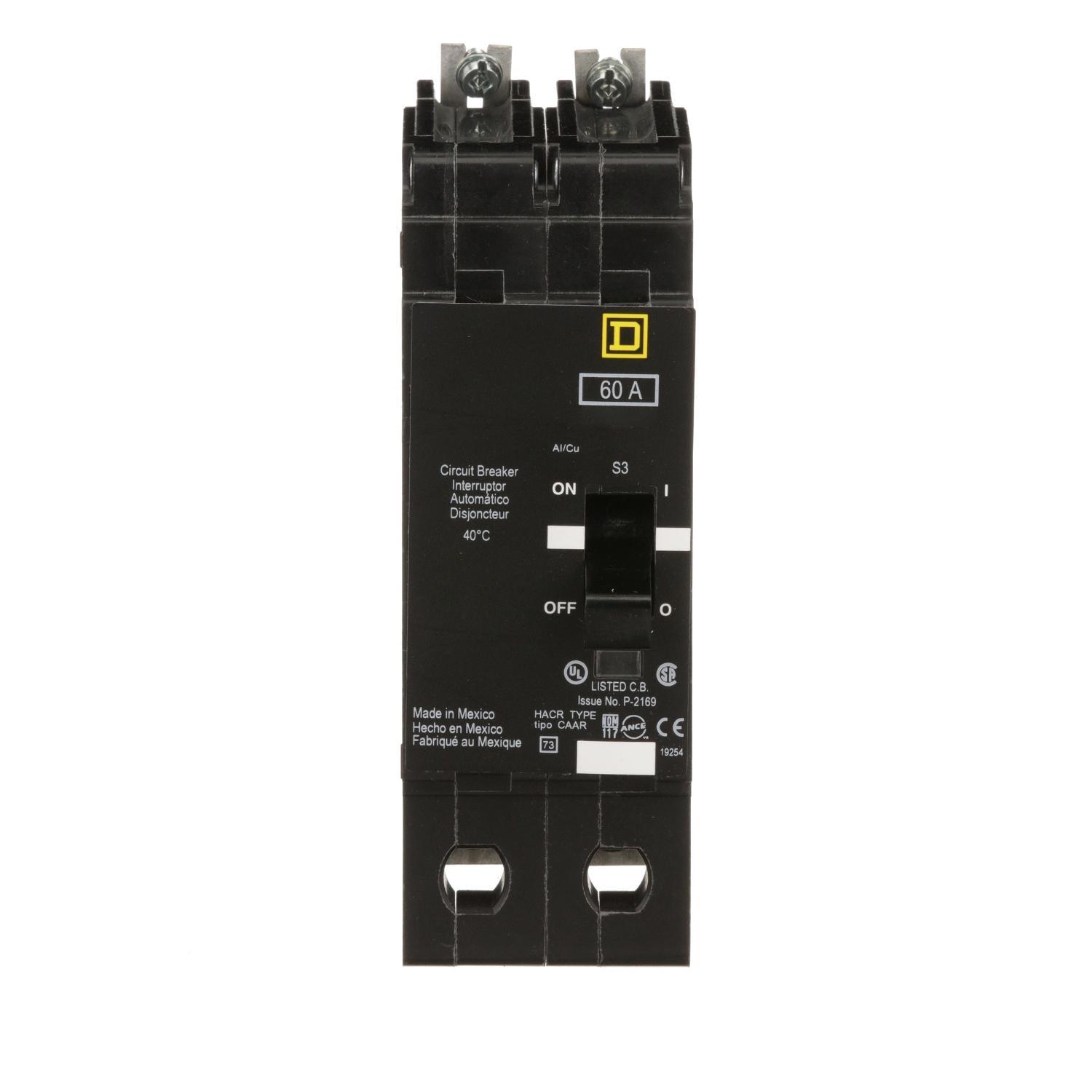 Square D™ EJB24060 Type EJB Circuit Breaker, 480Y/277 V AC, 60 A, 100 kA at 240 VAC/65 kA at 480Y/277 VAC Interrupt, 2 Poles, Thermal Magnetic Trip