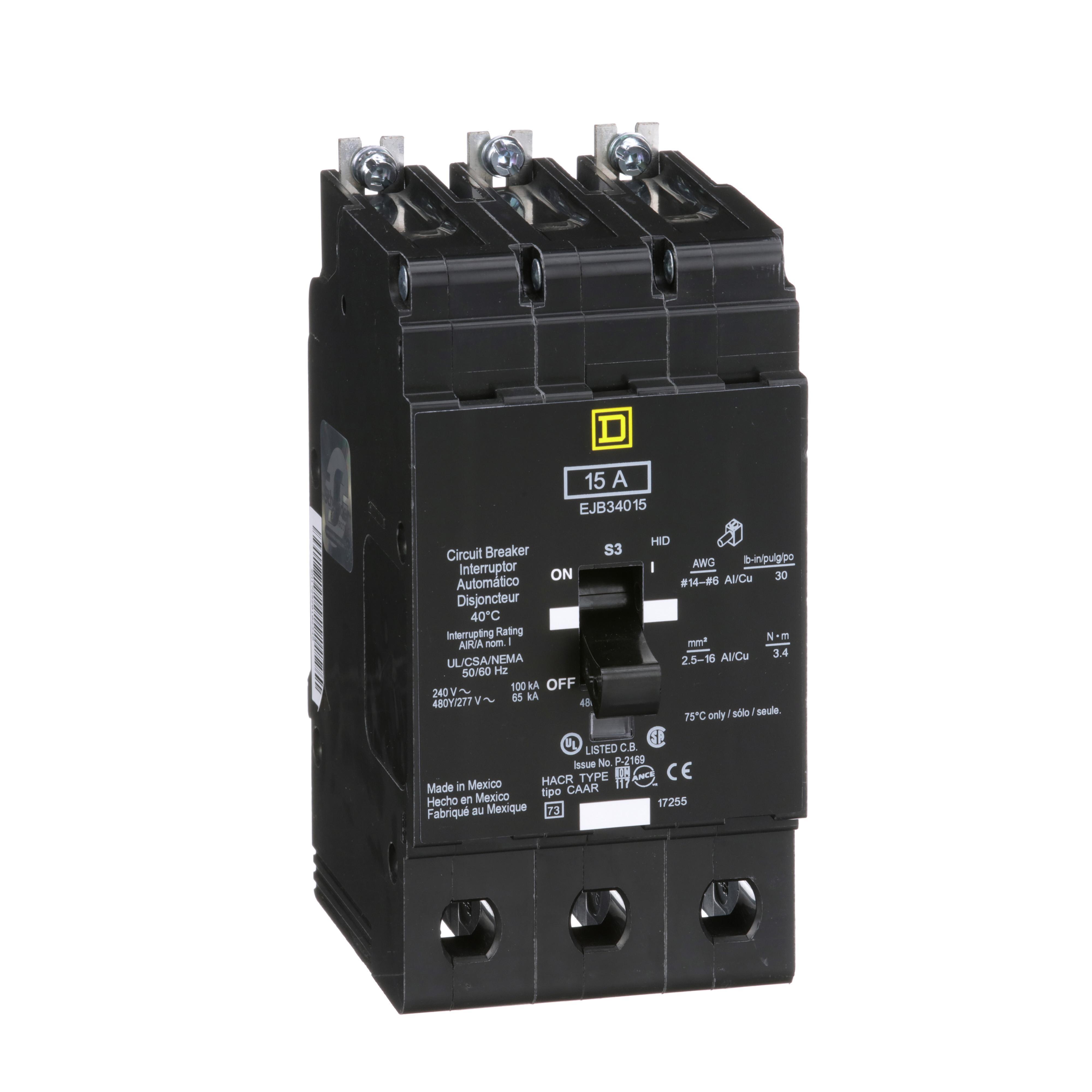 Square D™ E-FRAME EJB34015 Type EJB Molded Case Standard Miniature Circuit Breaker, 277/480Y V AC, 15 A, 65 kA Interrupt, 3 Poles, Thermal Magnetic Trip