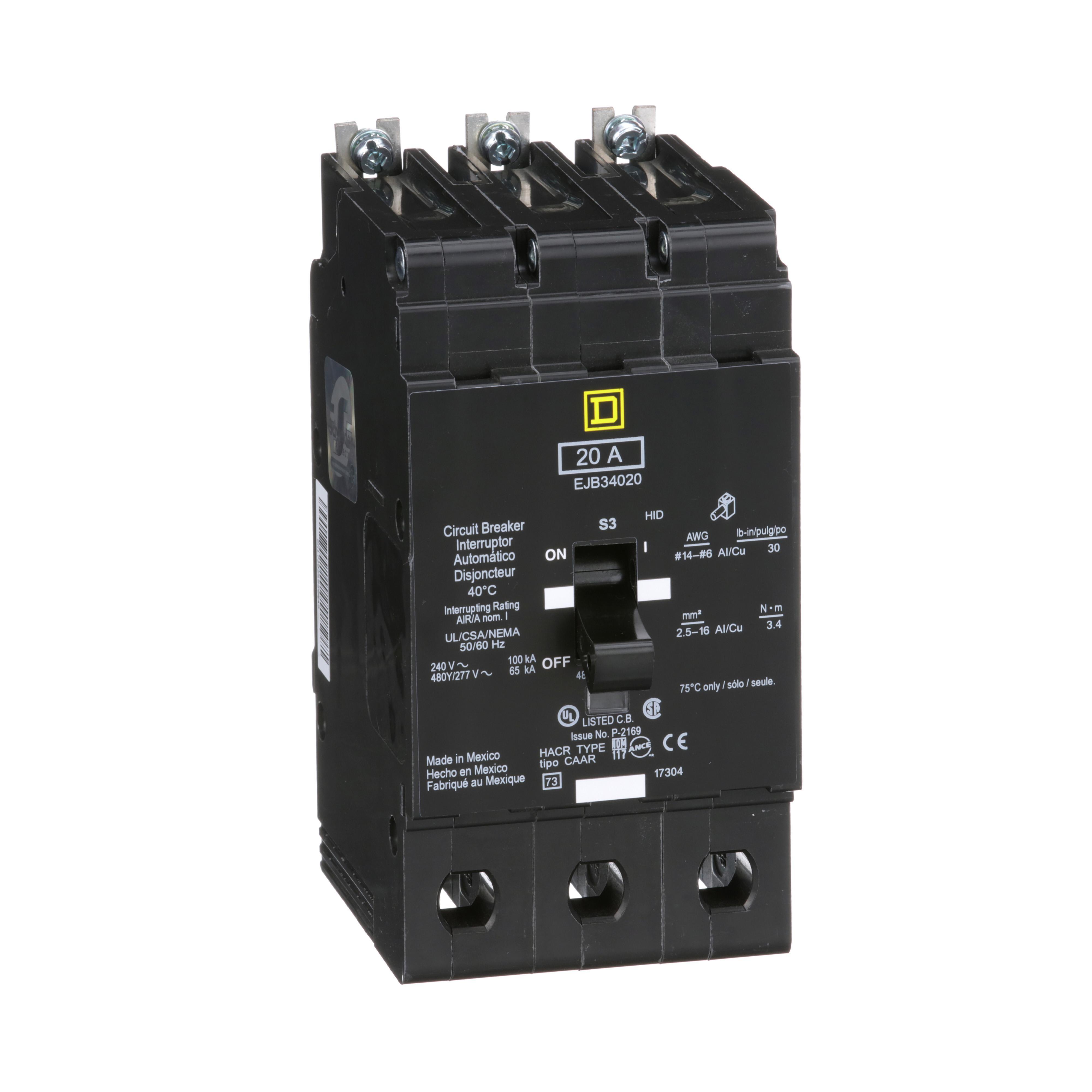 Square D™ E-FRAME EJB34020 Type EJB Molded Case Standard Miniature Circuit Breaker, 277/480Y V AC, 20 A, 65 kA Interrupt, 3 Poles, Thermal Magnetic Trip