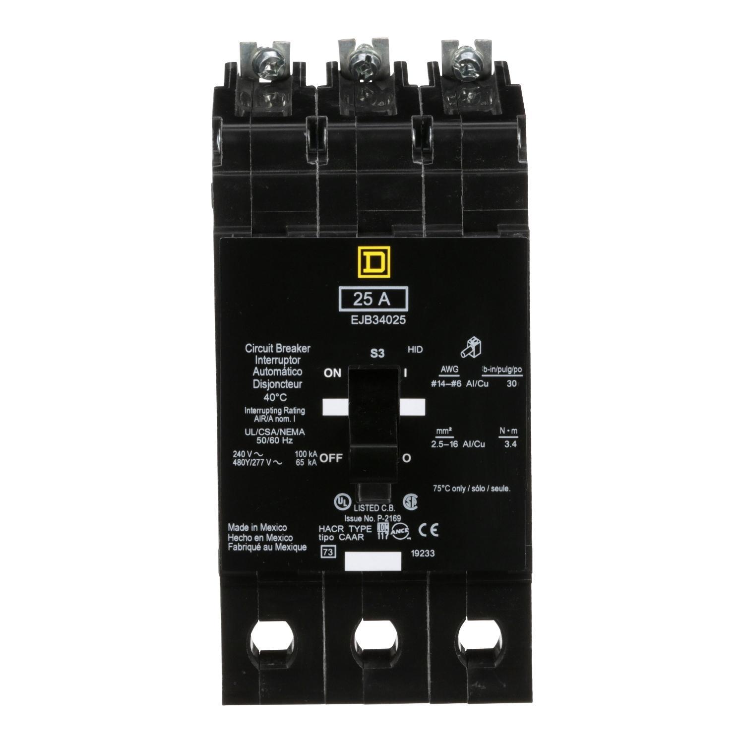 Square D™ E-FRAME EJB34025 Type EJB Molded Case Miniature Circuit Breaker, 277/480Y V AC, 25 A, 65 kA Interrupt, 3 Poles, Thermal Magnetic Trip