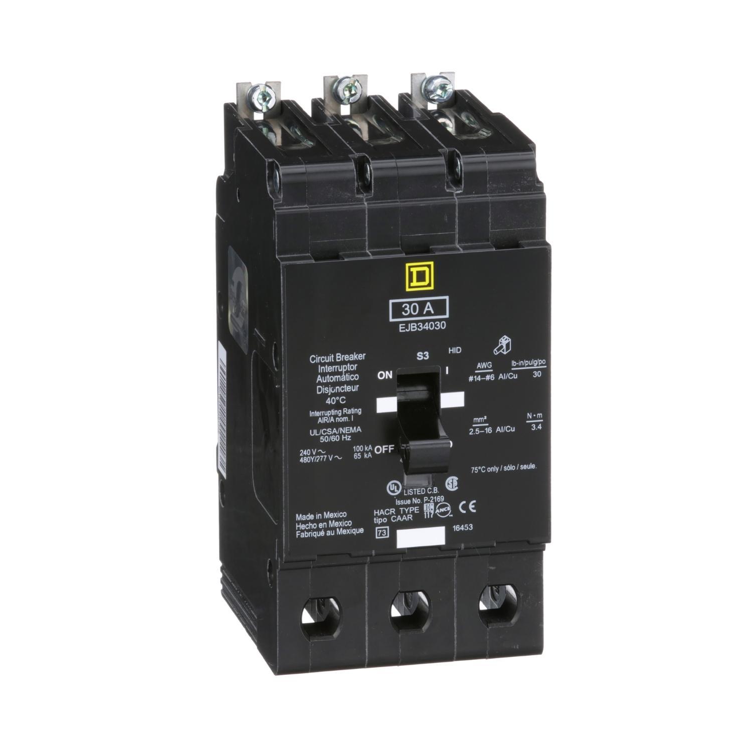 Square D™ E-FRAME EJB34030 Type EJB Molded Case Standard Miniature Circuit Breaker, 277/480Y V AC, 30 A, 65 kA Interrupt, 3 Poles, Thermal Magnetic Trip