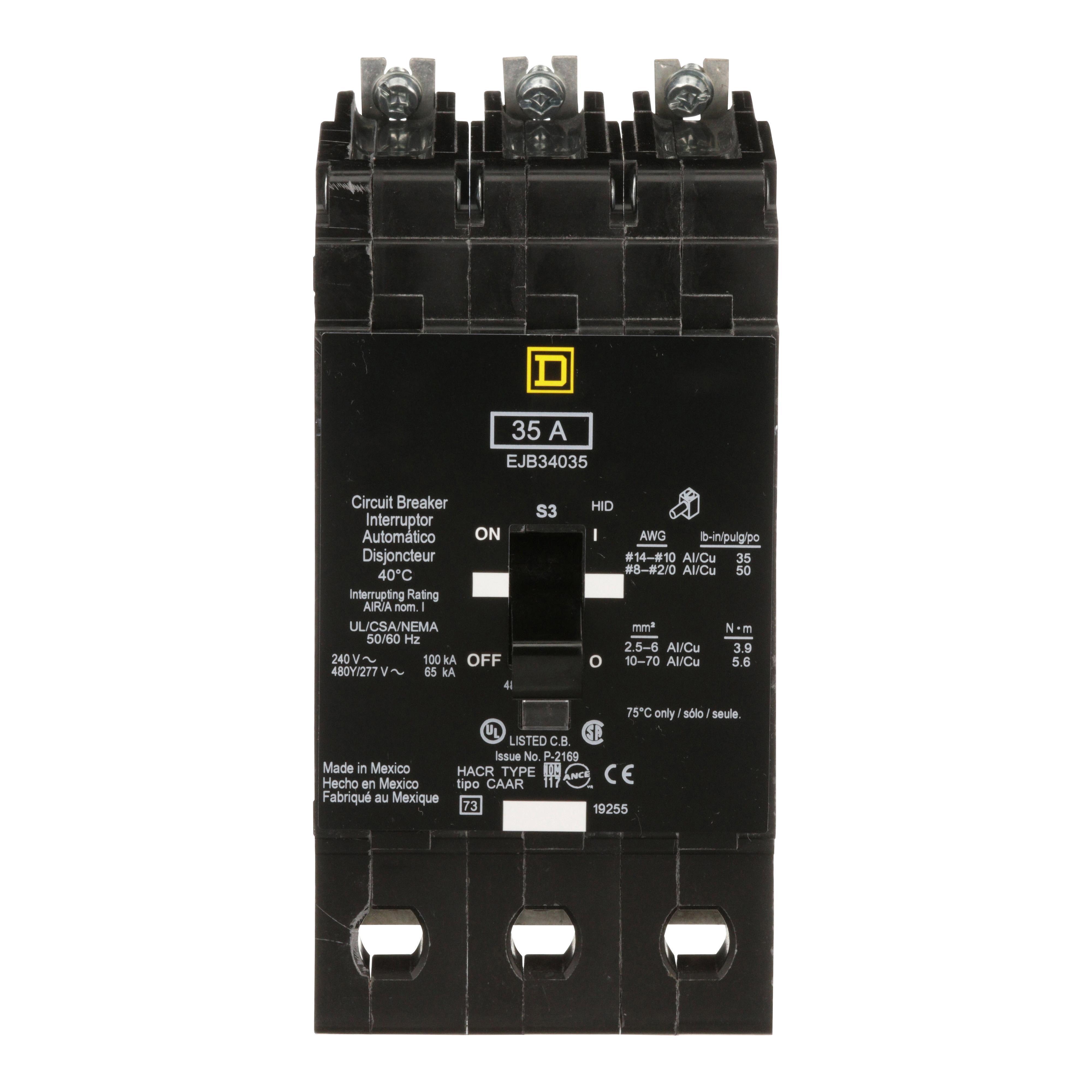 Square D™ EJB34035 Type EJB Miniature Circuit Breaker, 277/480Y V AC, 35 A, 65 kA at 480Y/277 VAC, 100 kA at 120/240 VAC Interrupt, 3 Poles, Thermal Magnetic Trip