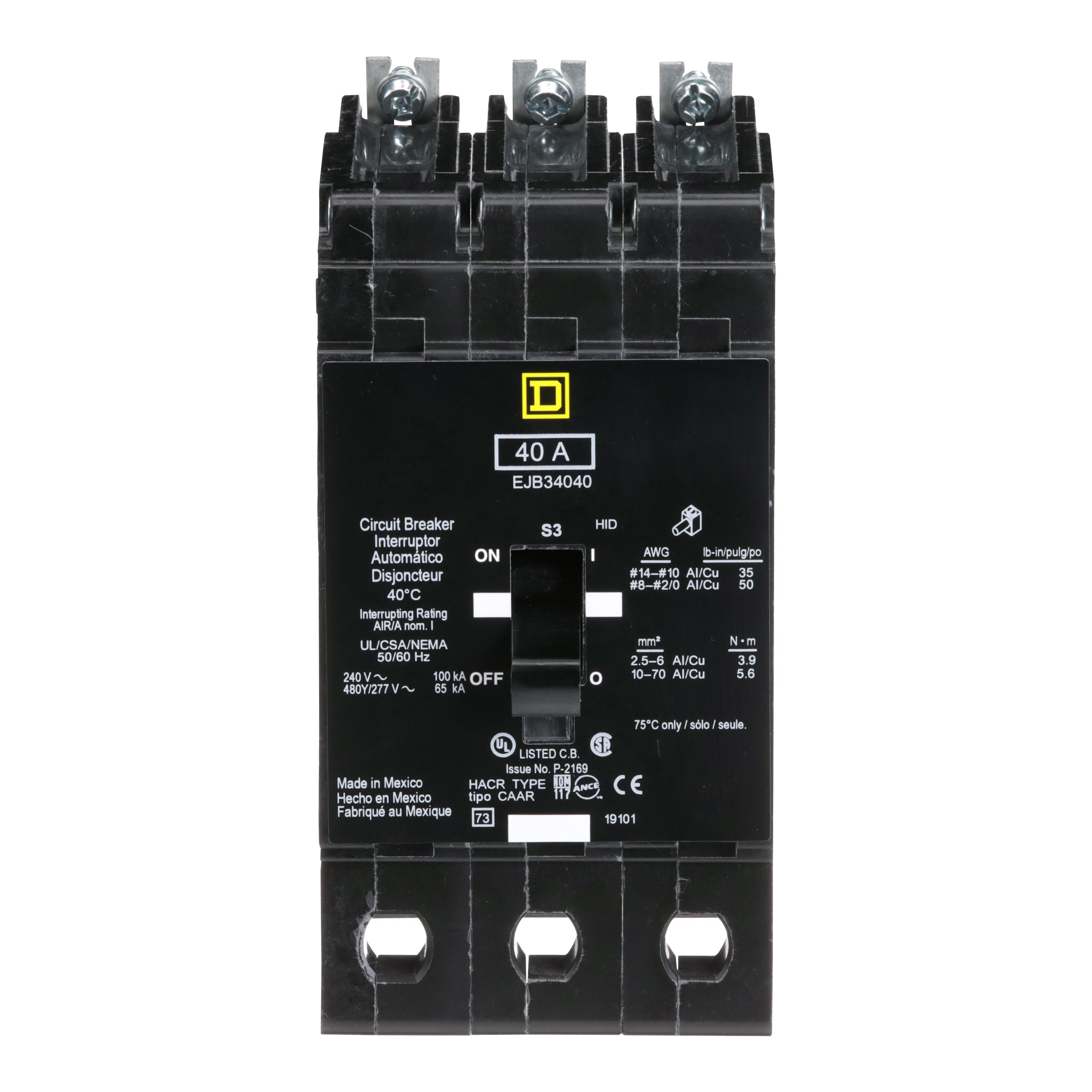 Square D™ E-FRAME EJB34040 Type EJB Molded Case Miniature Circuit Breaker, 277/480Y V AC, 40 A, 65 kA Interrupt, 3 Poles, Thermal Magnetic Trip