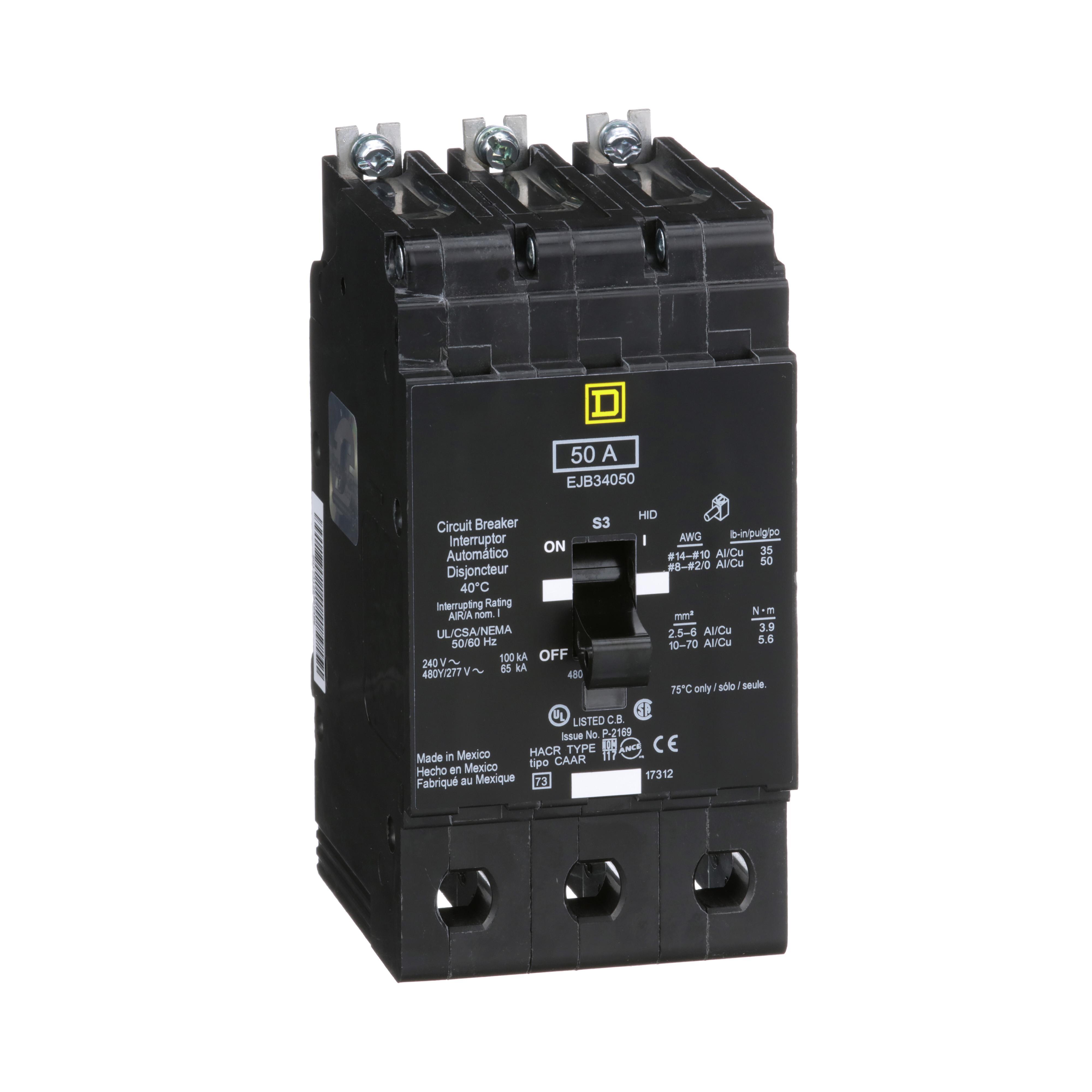 Square D™ E-FRAME EJB34050 Type EJB Molded Case Standard Miniature Circuit Breaker, 277/480Y V AC, 50 A, 65 kA Interrupt, 3 Poles, Thermal Magnetic Trip