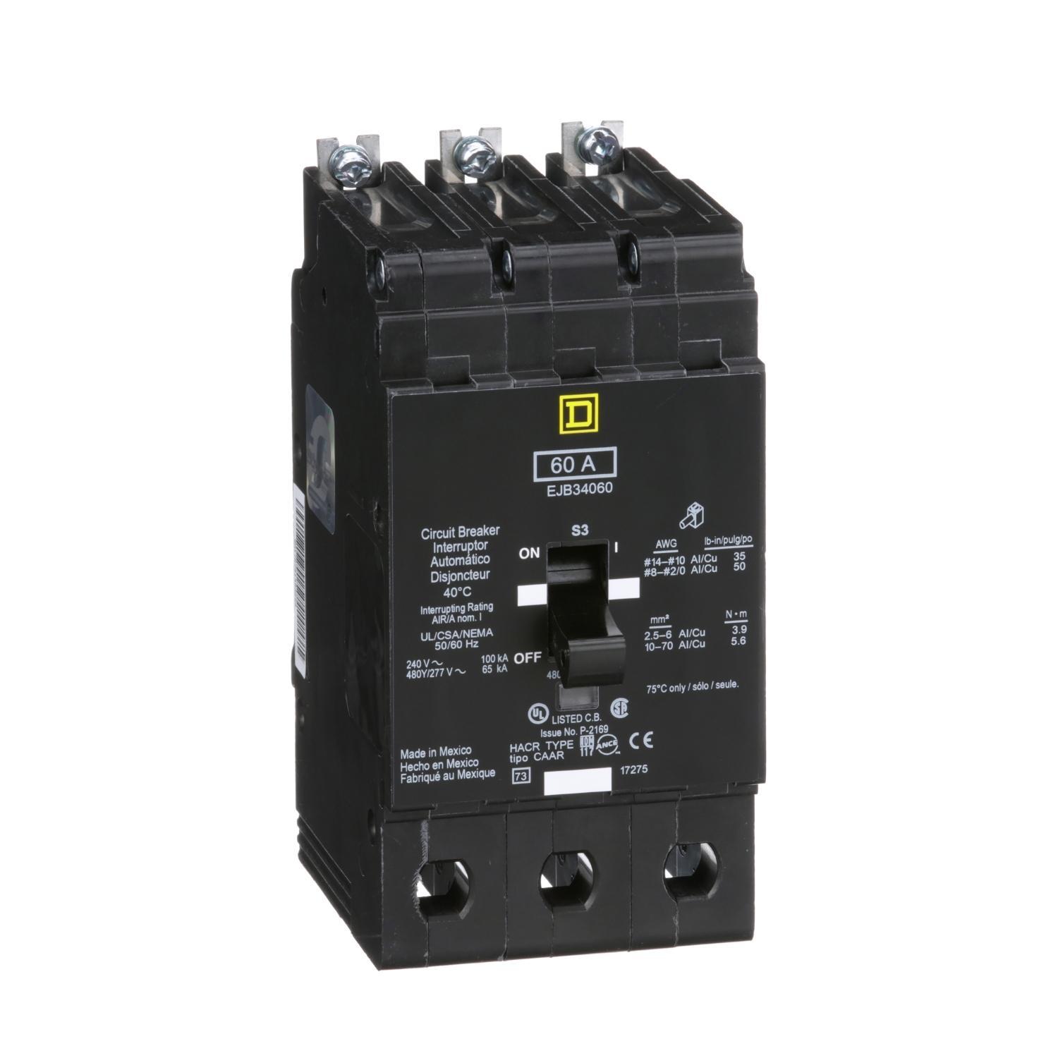 Square D™ E-FRAME EJB34060 Type EJB Molded Case Standard Miniature Circuit Breaker, 277/480Y V AC, 60 A, 65 kA Interrupt, 3 Poles, Thermal Magnetic Trip