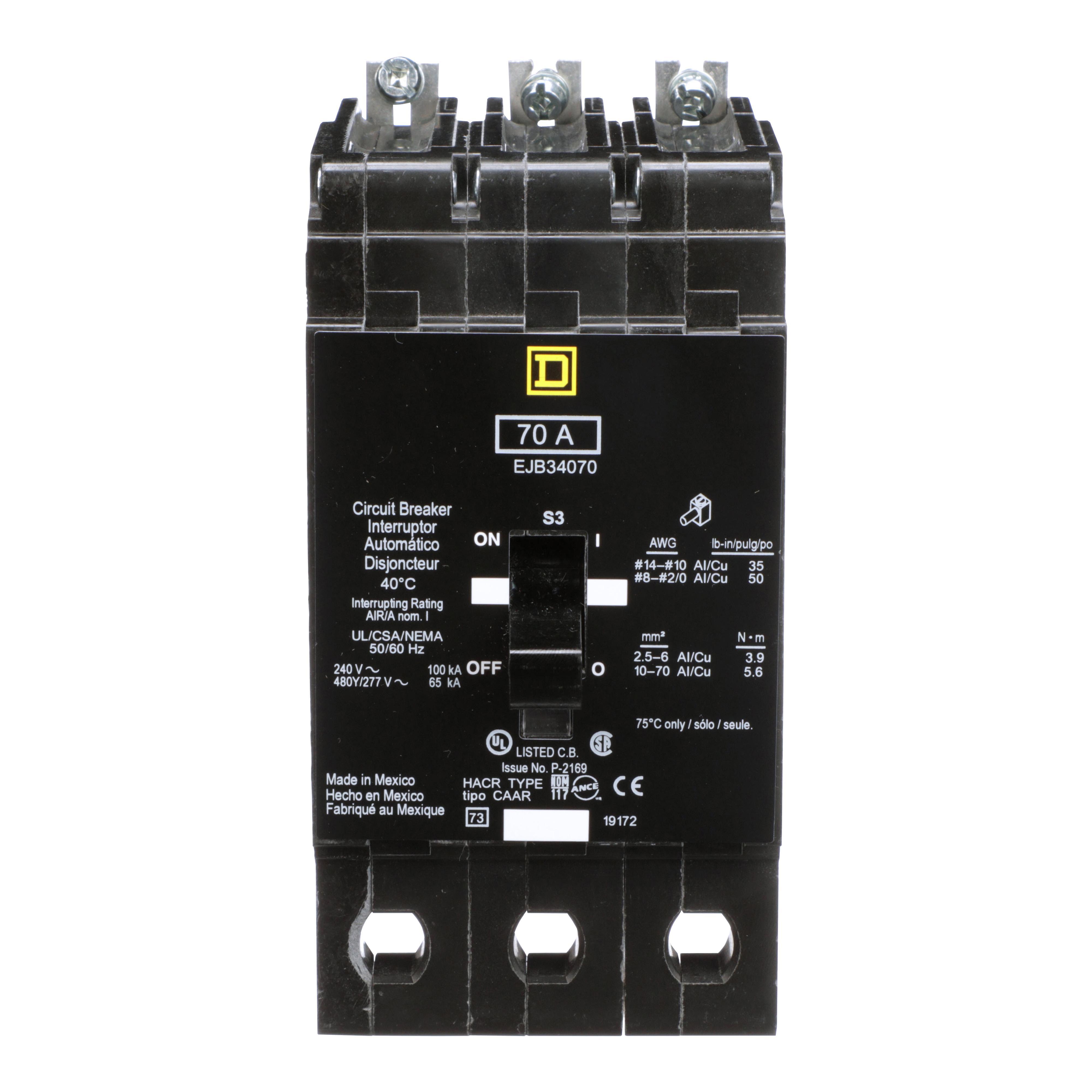 Square D™ E-FRAME EJB34070 Type EJB Molded Case Miniature Circuit Breaker, 277/480Y V AC, 70 A, 65 kA Interrupt, 3 Poles, Thermal Magnetic Trip