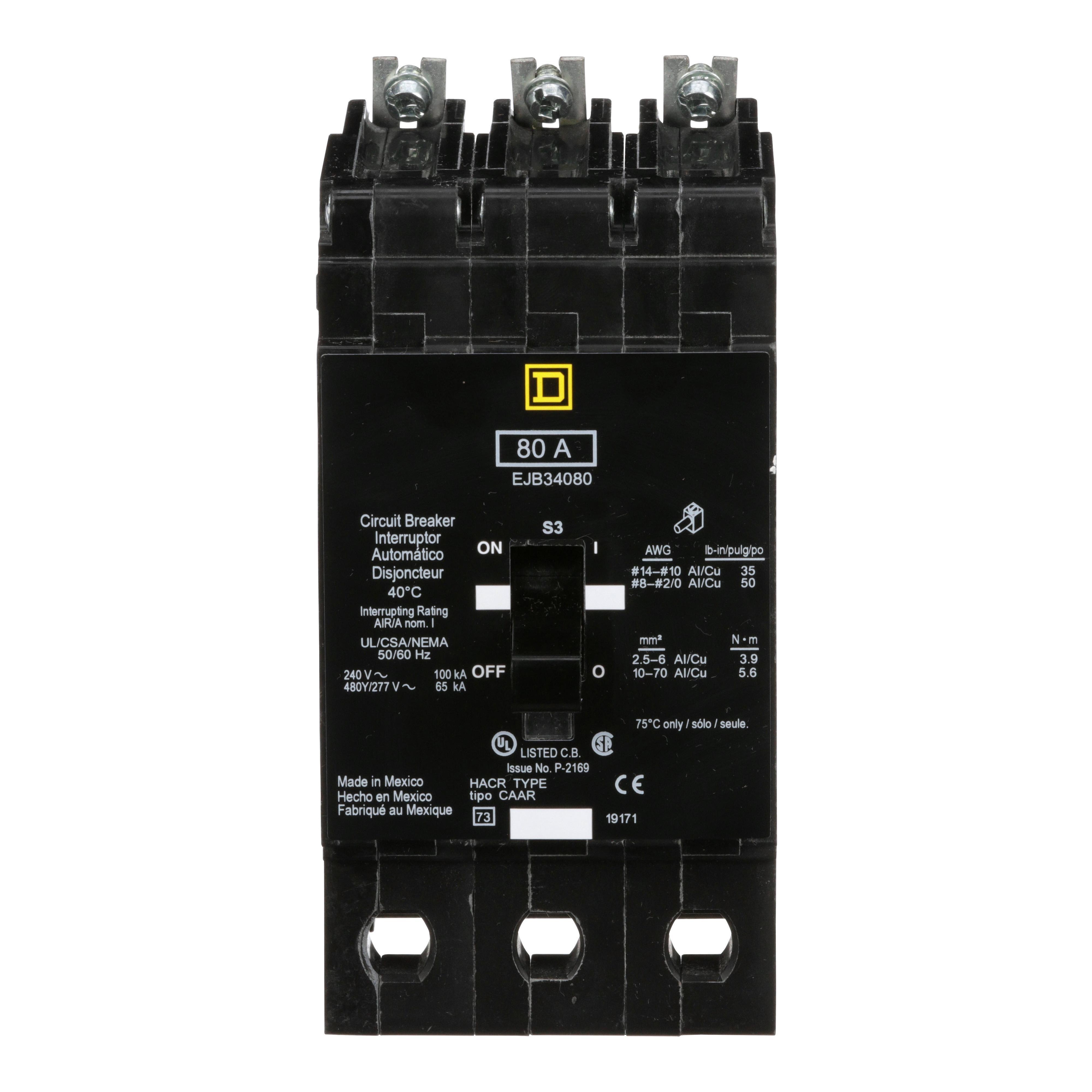 Square D™ EJB34080 Type EJB Miniature Circuit Breaker, 277/480Y V AC, 80 A, 100 kA at 240 VAC, 65 kA at 480Y/277 VAC Interrupt, 3 Poles, Thermal Magnetic Trip