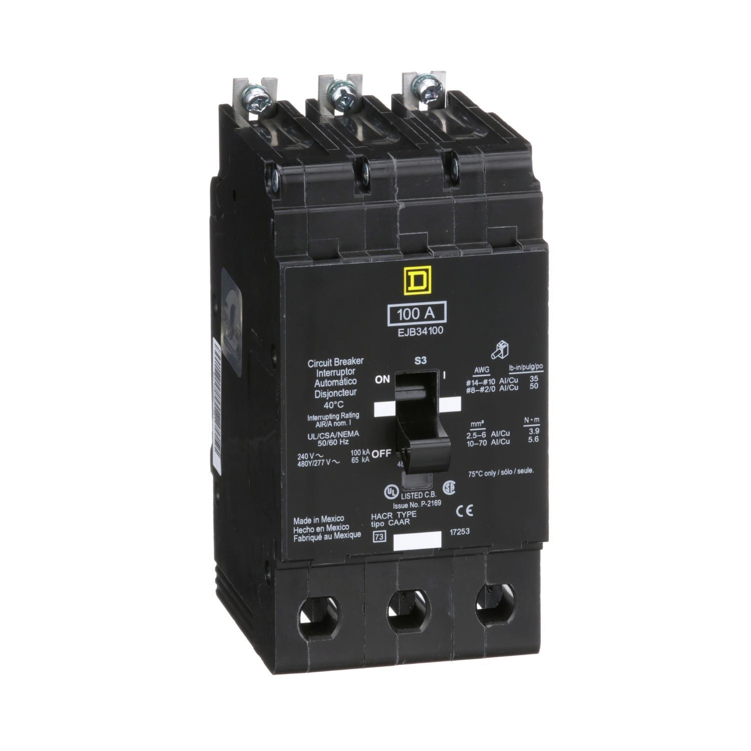 Square D™ E-FRAME EJB34100 Type EJB Molded Case Standard Miniature Circuit Breaker, 277/480Y V AC, 100 A, 65 kA Interrupt, 3 Poles, Thermal Magnetic Trip