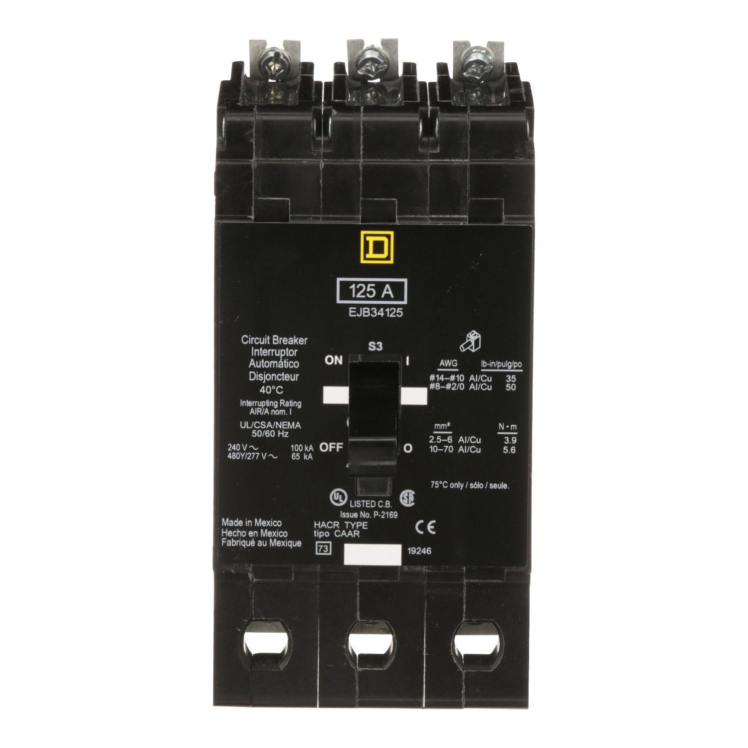 Square D™ EJB34125 Type EJB Miniature Circuit Breaker, 277/480Y V AC, 125 A, 100 kA at 240 VAC, 65 kA at 480Y/277 VAC Interrupt, 3 Poles, Thermal Magnetic Trip