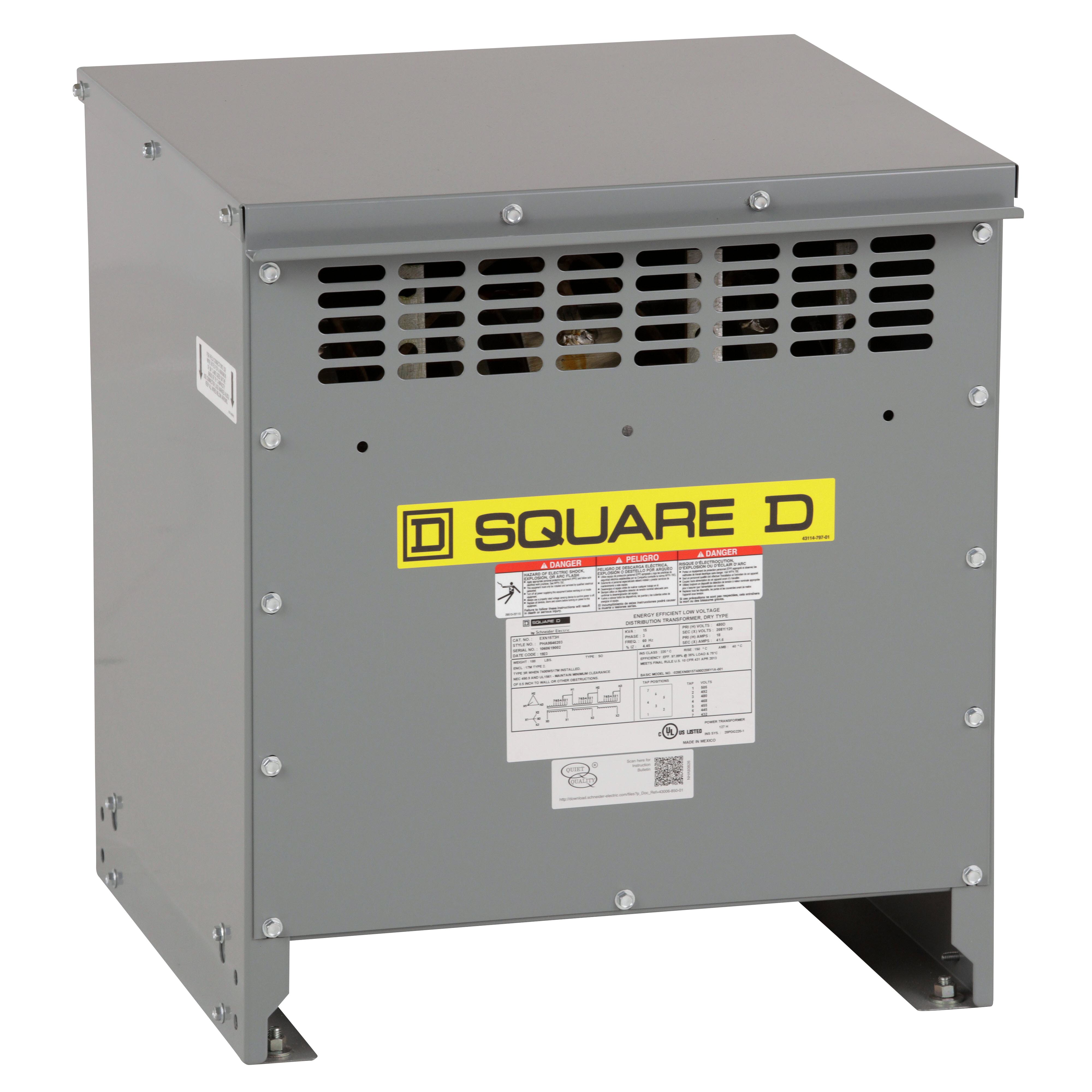 Square D™ EXN15T3H Dry Type Energy Efficient Transformer, 480 Delta V AC Primary, 208Y/120 VAC Secondary, 15 kVA Power Rating, 60 Hz, 3 Phase