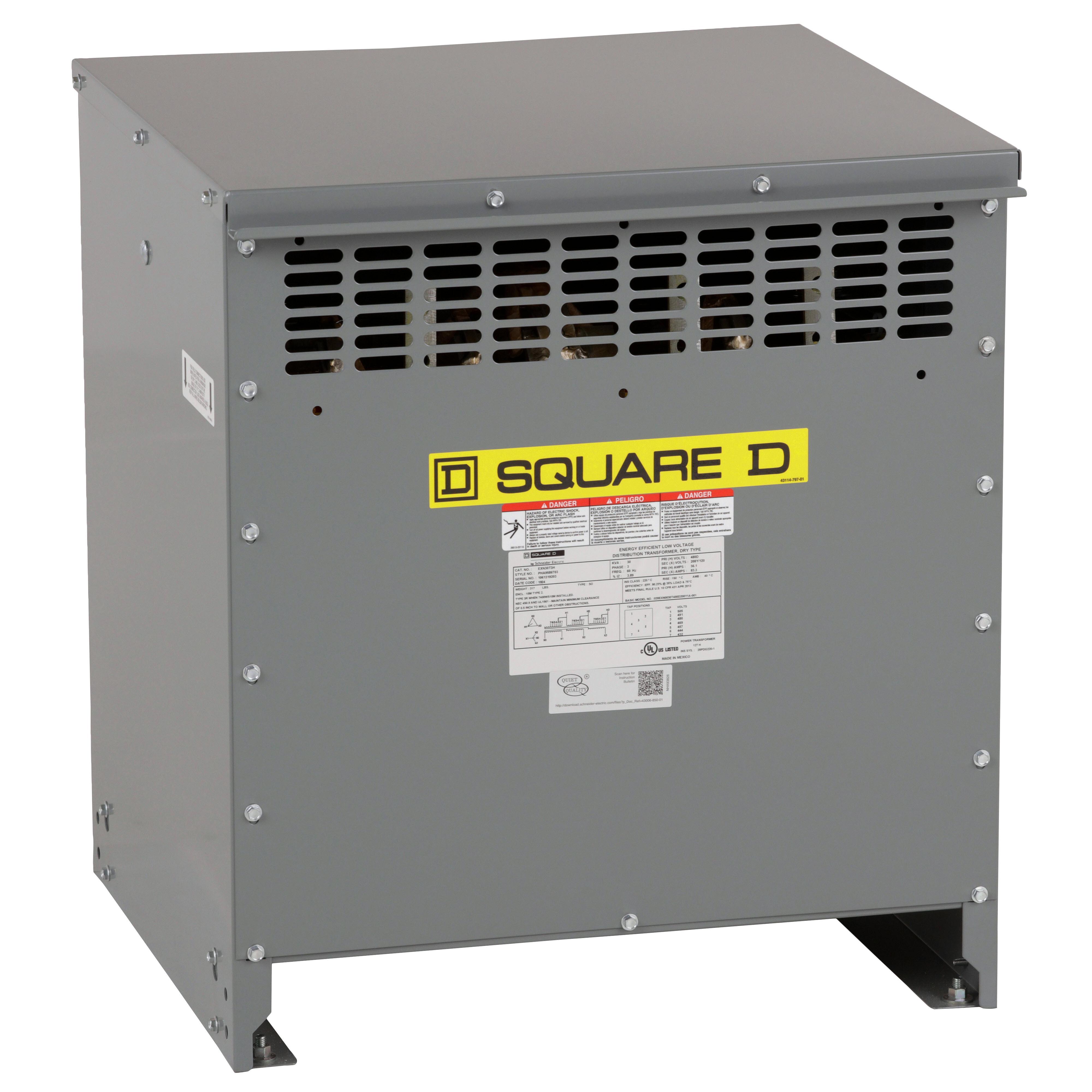 Square D™ EXN30T3H XFMR Type 3 Dry Energy Efficient Low Voltage Transformer, 480 V Delta Primary, 208Y/120 V Secondary, 30 kVA Power Rating, 60 Hz, 3 Phase