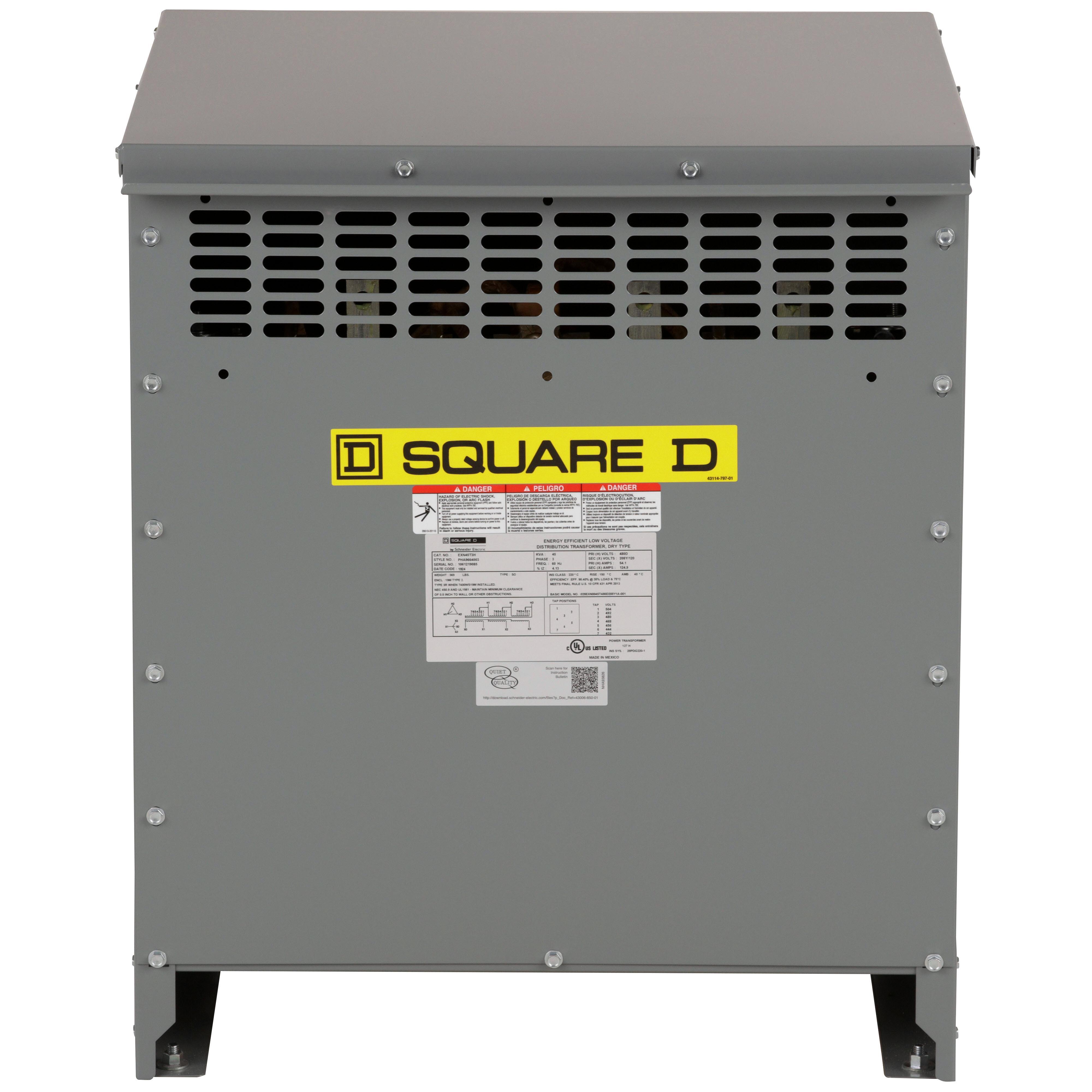 Square D™ EXN45T3H XFMR Type 4 Dry Energy Efficient Low Voltage Transformer, 480 Delta V AC Primary, 208Y/120 VAC Secondary, 45 kVA Power Rating, 60 Hz, 3 Phase