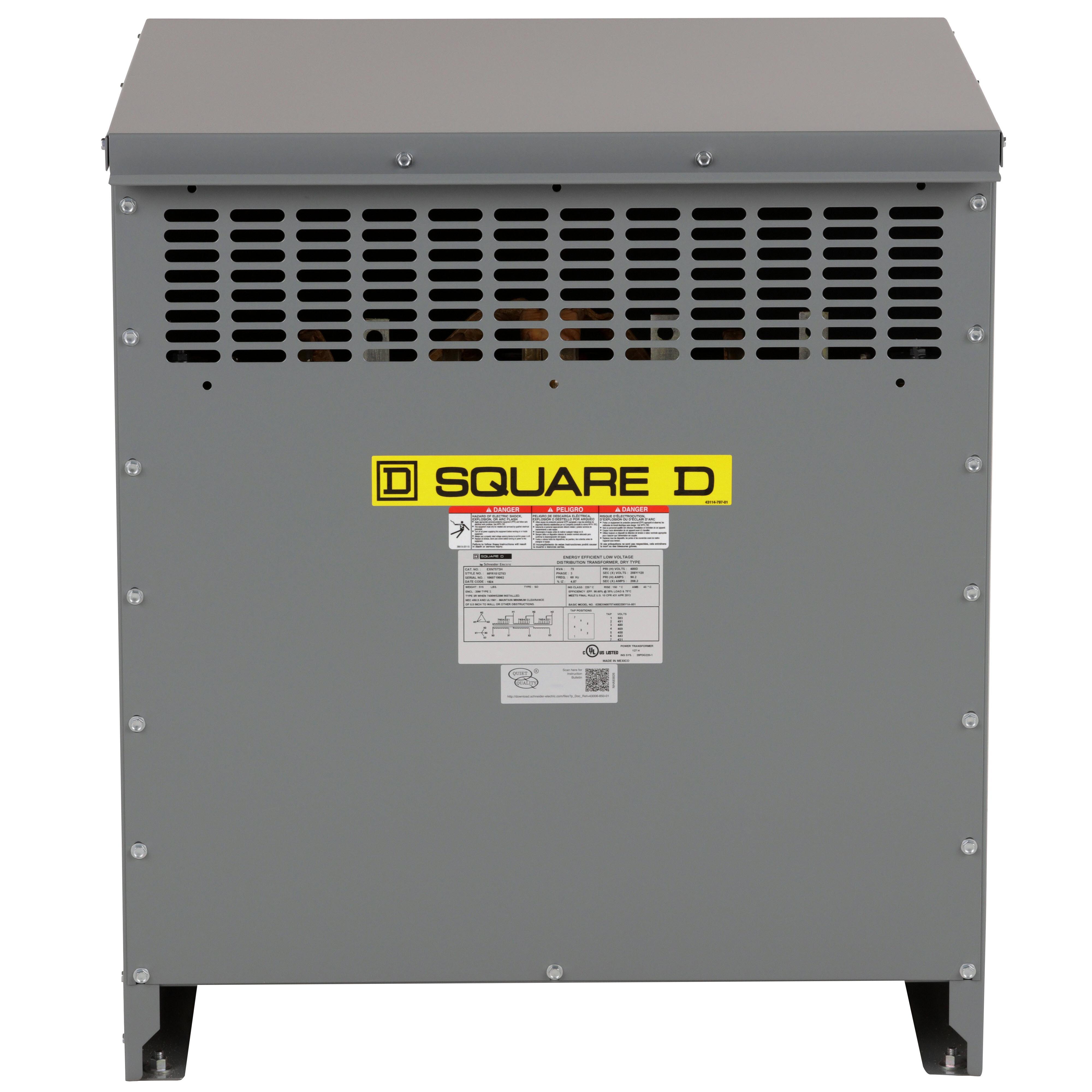 Square D™ EXN75T3H XFMR Type 7 Dry Energy Efficient Low Voltage Transformer, 480 Delta V AC Primary, 208Y/120 VAC Secondary, 75 kVA Power Rating, 60 Hz, 3 Phase