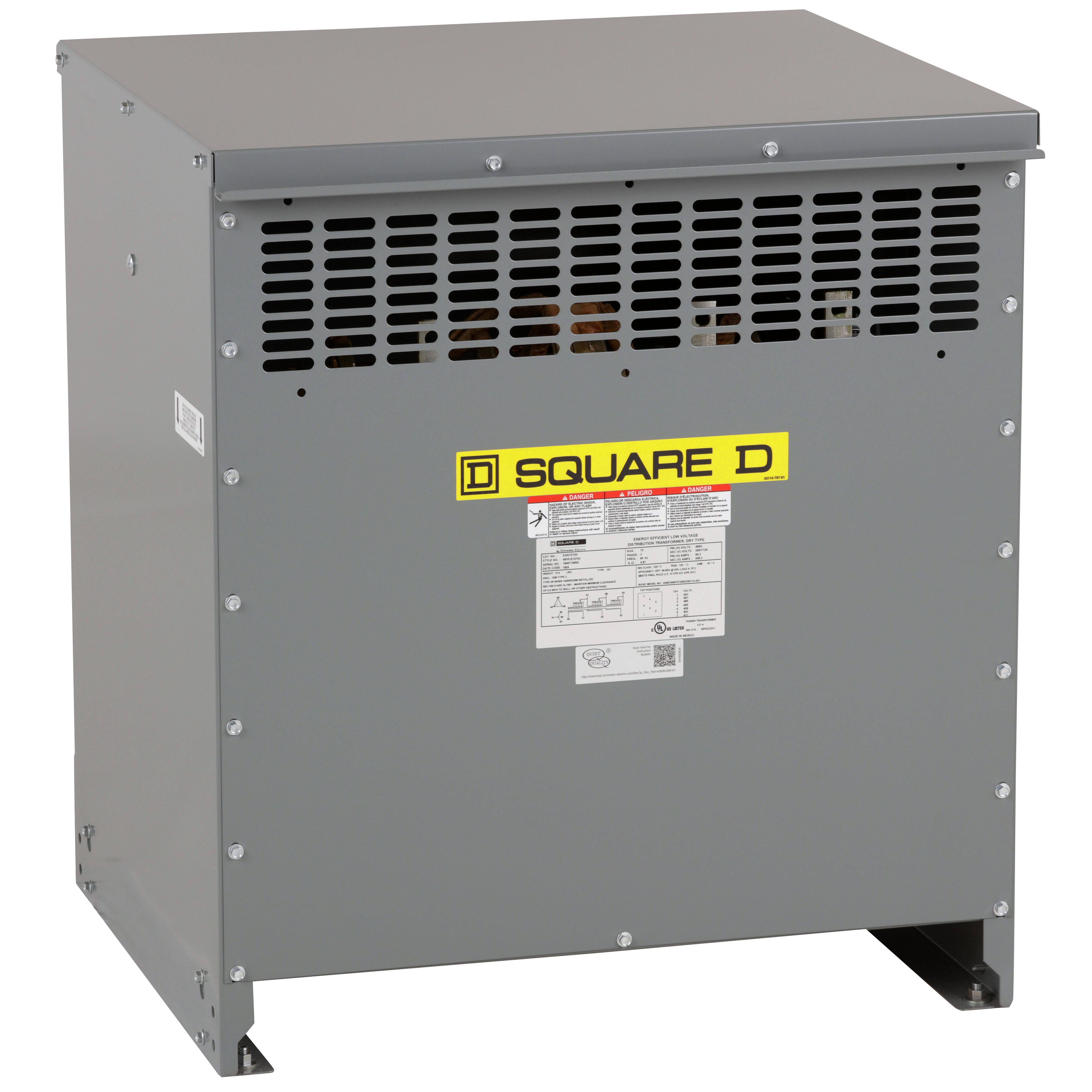 Square D™ EXN75T3HCU PH Series, 480 V primary, 208Y/120 V secondary, 3 phase