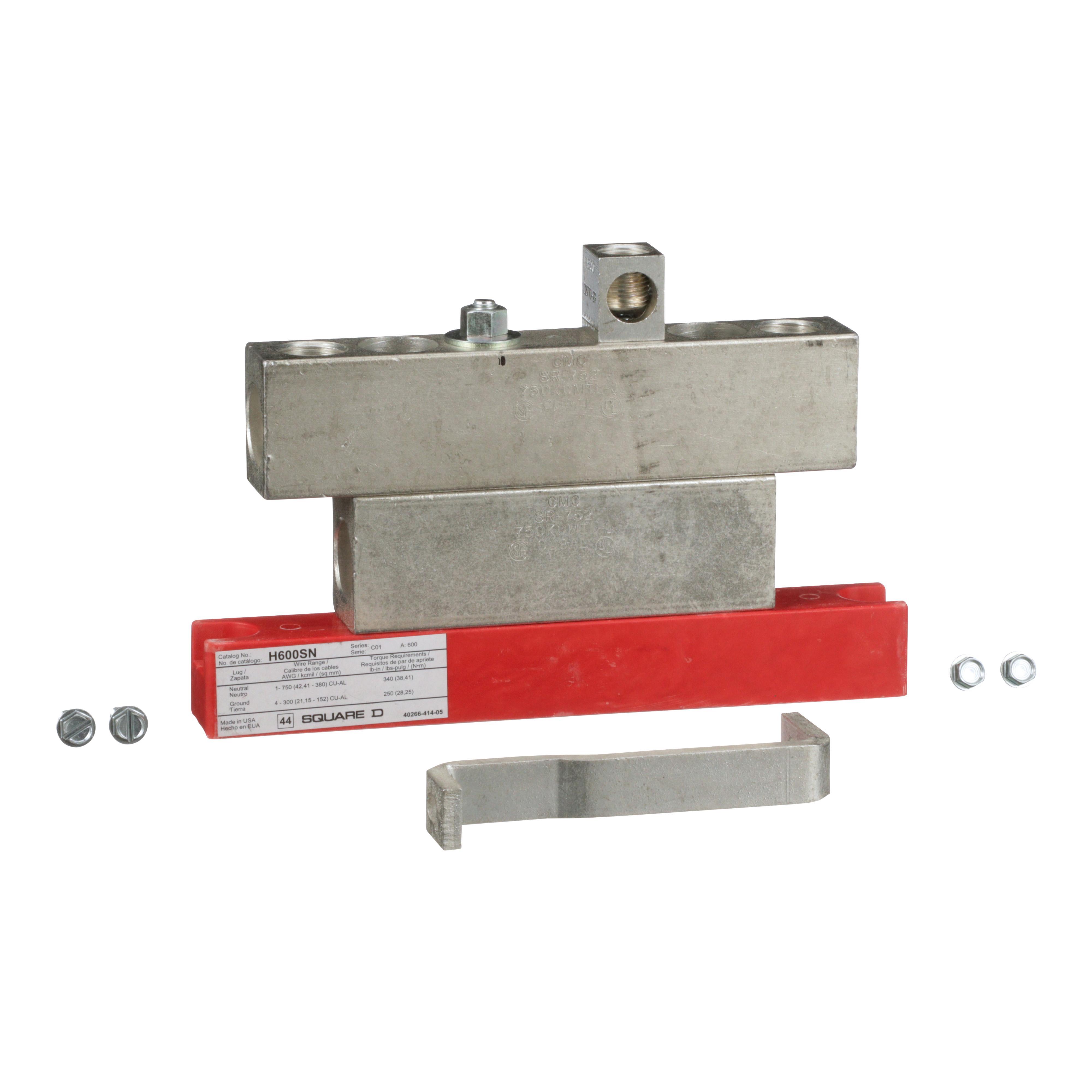 Square D™ H600SN Insulated Heavy Duty Neutral Assembly, For Use With Fusible and Non-Fusible Safety Switch, 400/600 A, 240/600 V AC, 300 to 750 kcmil Aluminum/Copper