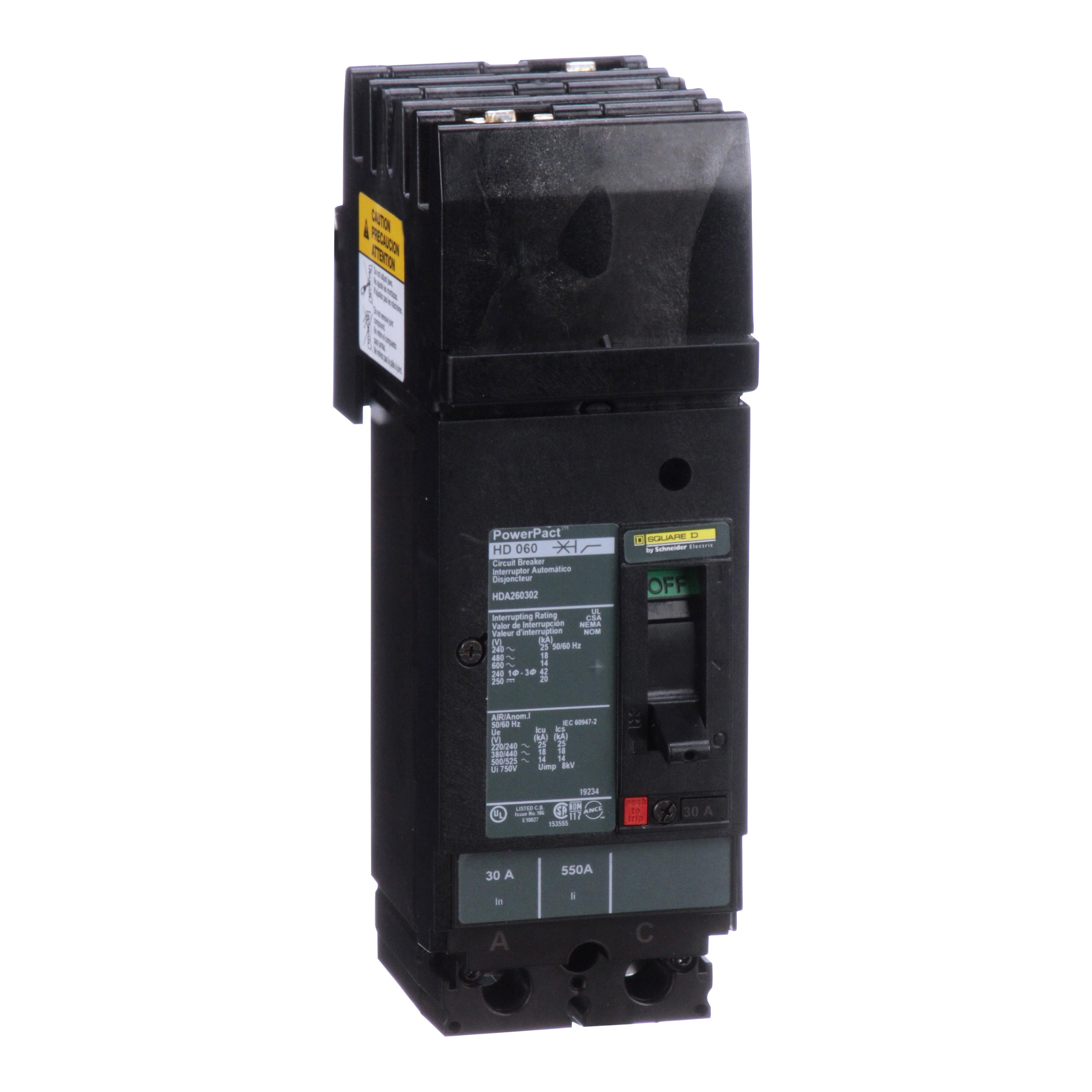 Square D™ I-Line™ PowerPact™ HDA260302 80% Rated Type HDA Molded Case Circuit Breaker, 600 V AC/250 V DC, 30 A, 18 kA at 480 VAC/25 kA at 240 VAC/14 kA at 600 VAC/20 kA at 250 VDC/250 VDC/600 VAC Interrupt, 2 Poles, Thermal Magnetic Trip