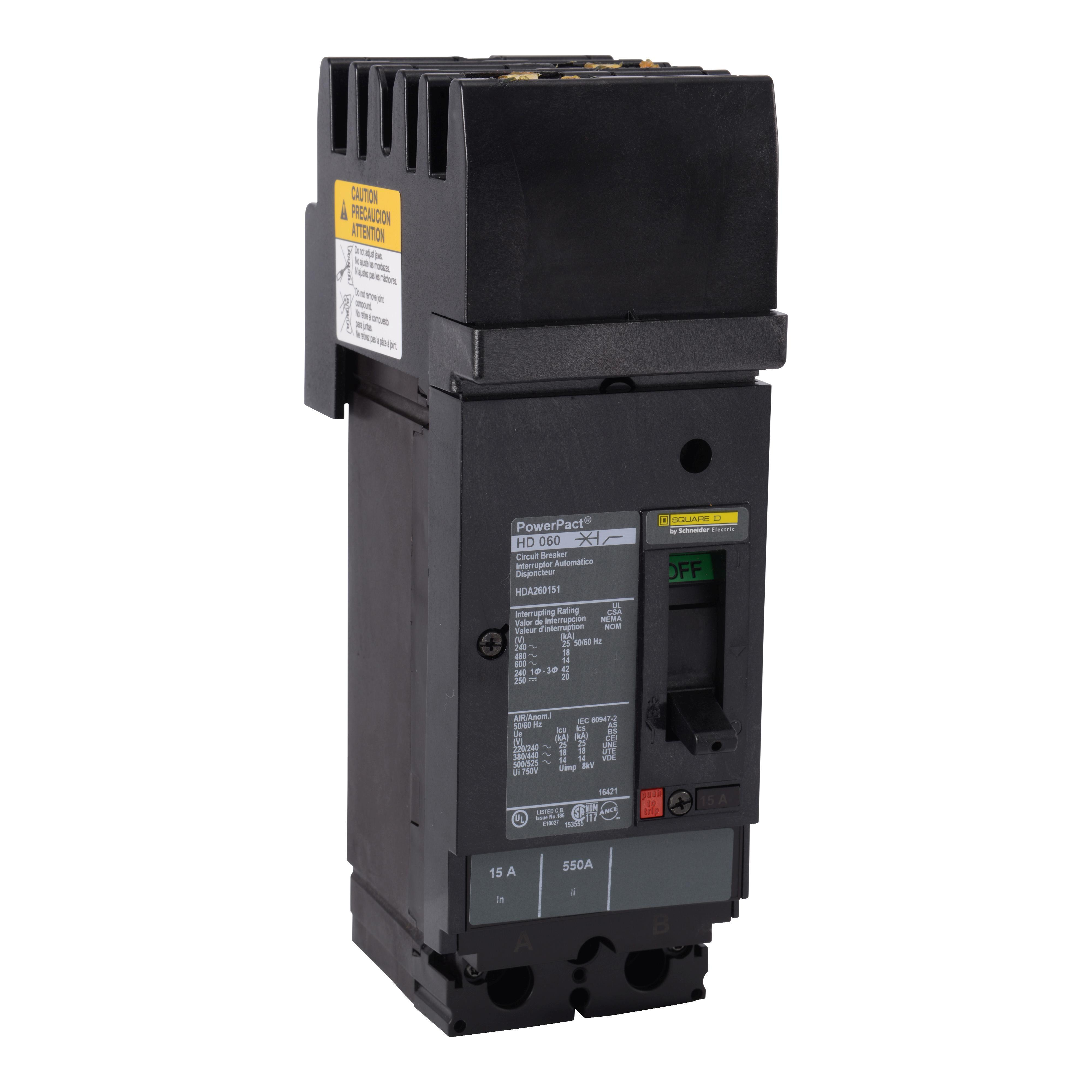 Square D™ I-Line™ PowerPact™ H HDA261502 Type HDA Molded Case Circuit Breaker, 600 V AC/250 V DC, 150 A, 18/14/20/25 kA Interrupt, 2 Poles, Thermal Magnetic Trip
