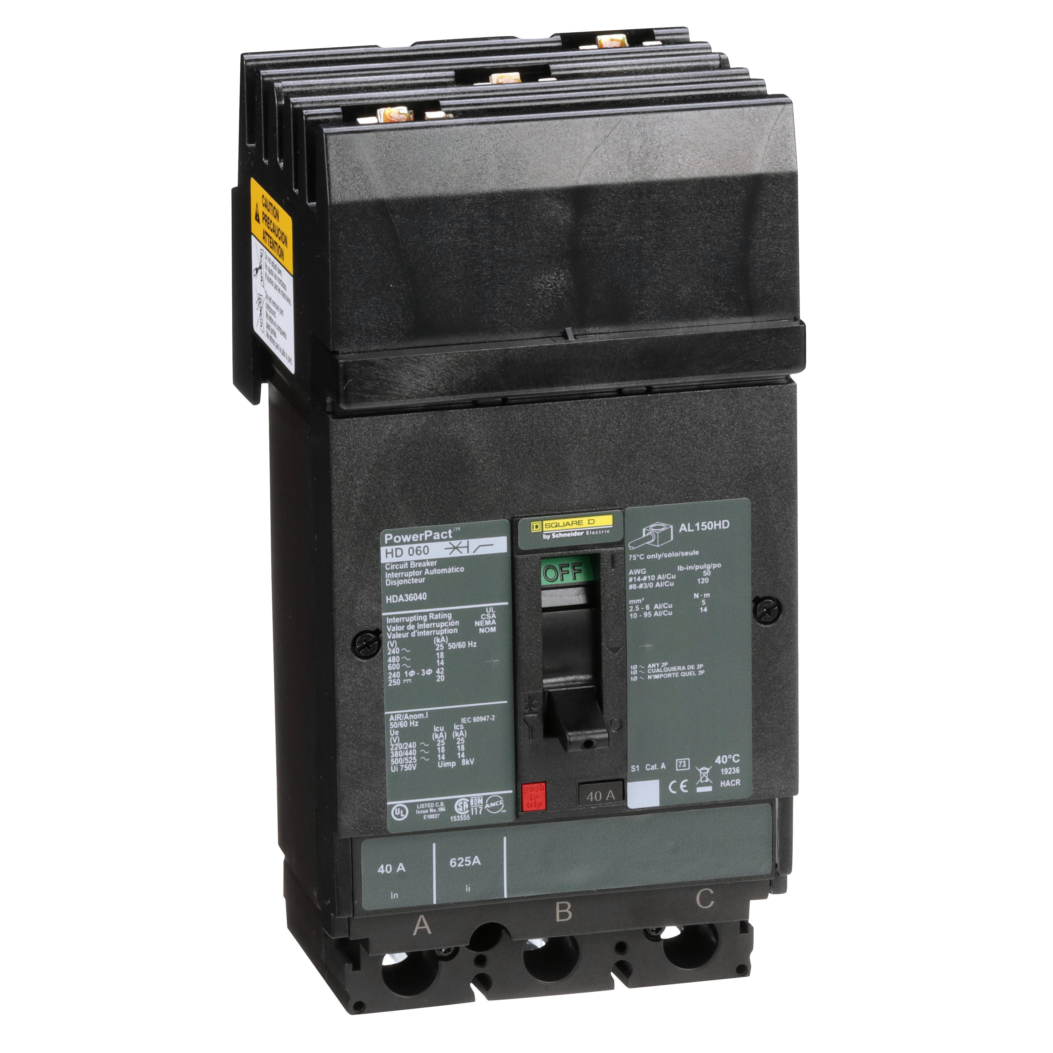 Square D™ PowerPact™ HDA36040 80% Rated Type HDA Molded Case Circuit Breaker, 600 V AC/250 V DC, 40 A, 25 kA at 240 VAC/18 kA at 480 VAC/14 kA at 600 VAC/20 kA at 250VDC Interrupt, 3 Poles, Thermal Magnetic Trip